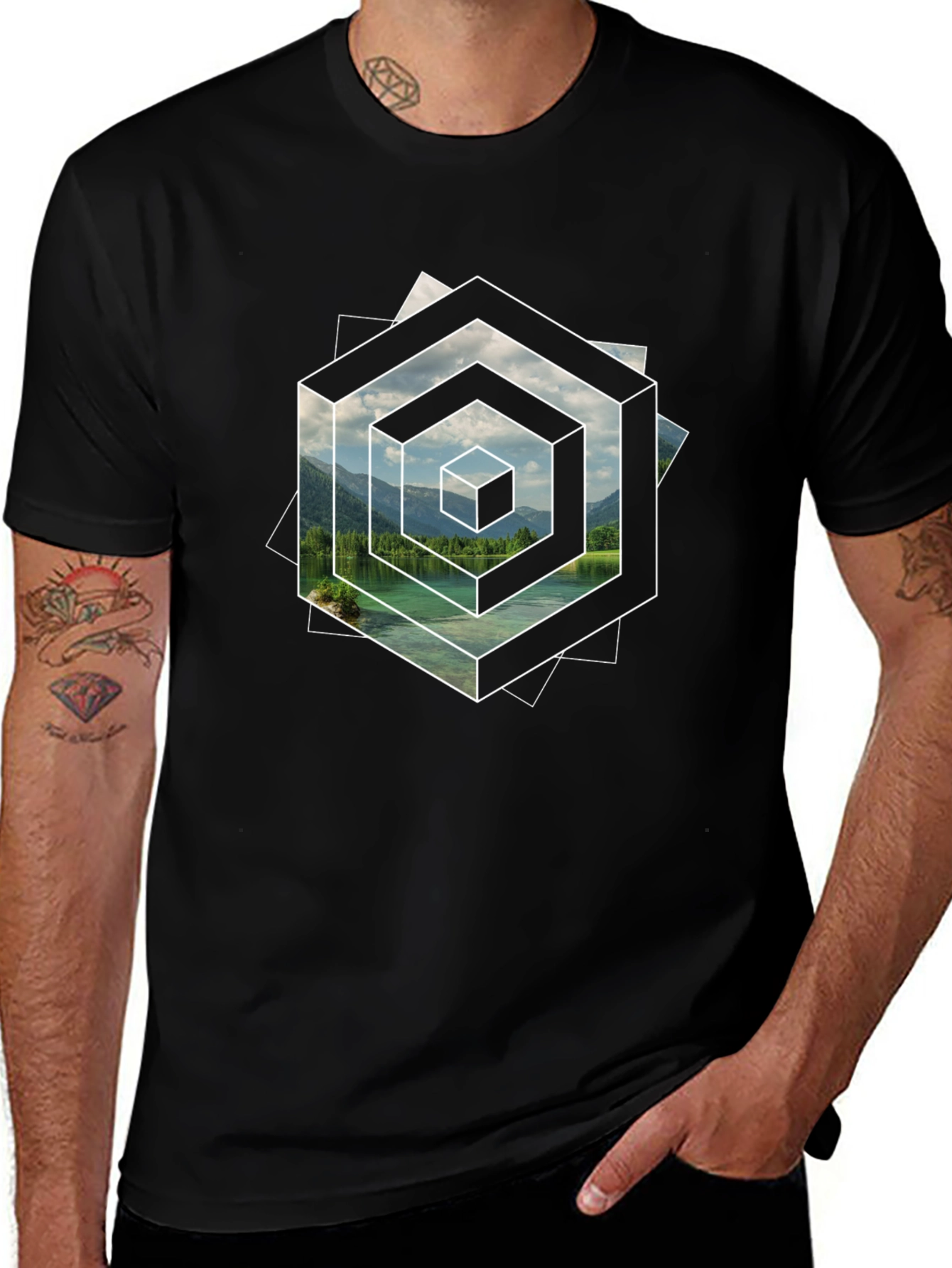 Variant 4 of Optical Illusion Lake Graphic Black T-Shirt