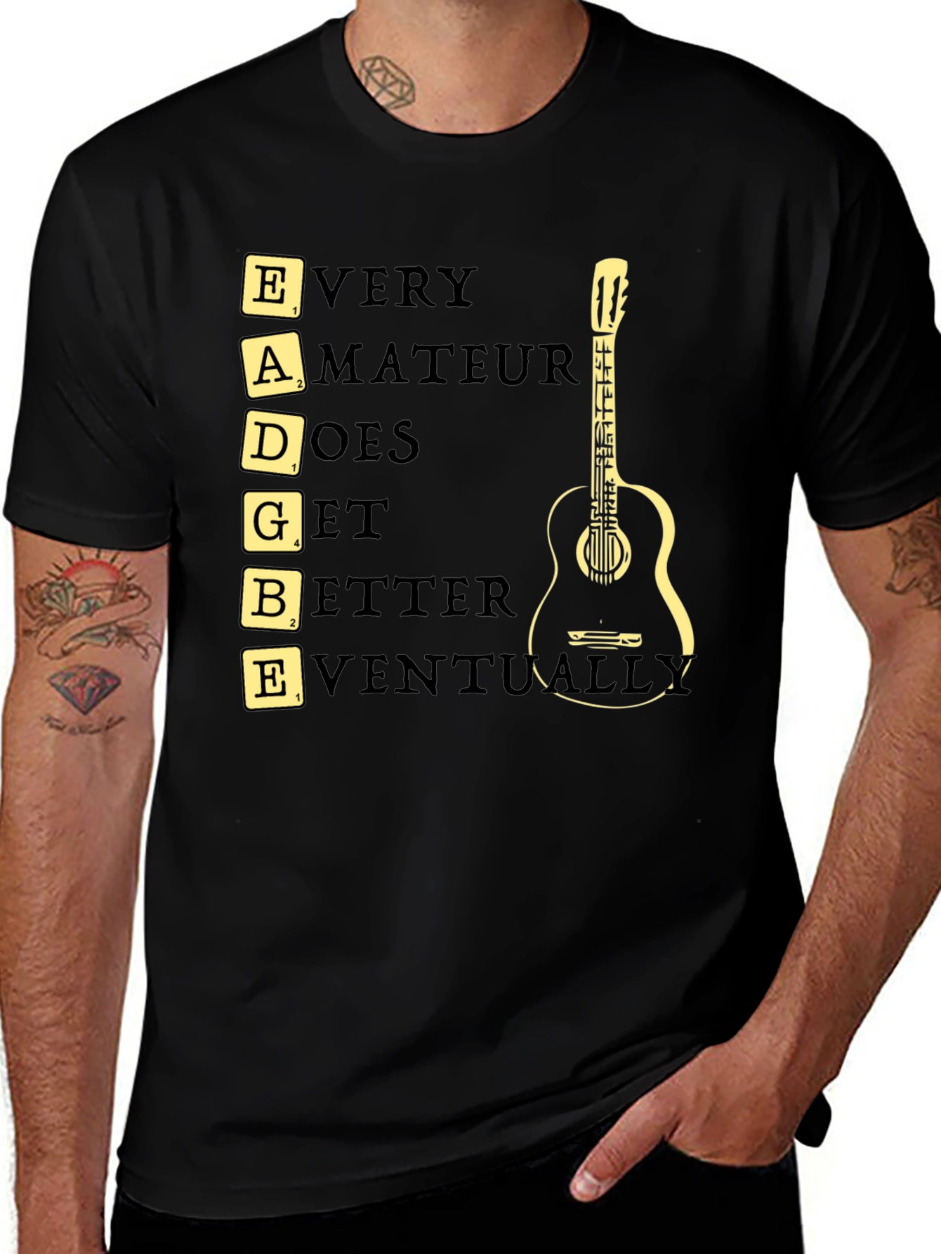 Black Guitar Player T-Shirt: EADGBE - Every Amateur Does Get Better Eventually main image