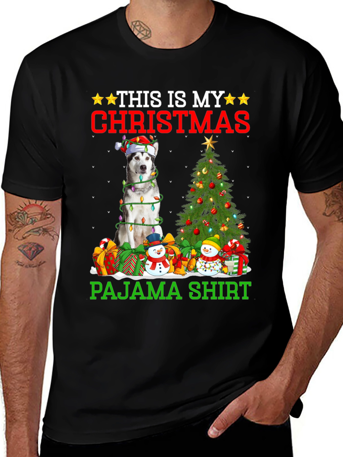 Christmas Pajama Shirt with Husky Dog