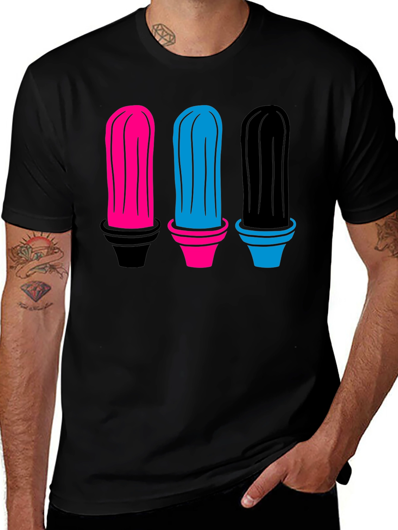 Colorful Cactus Graphic Tee - Black Cotton Shirt