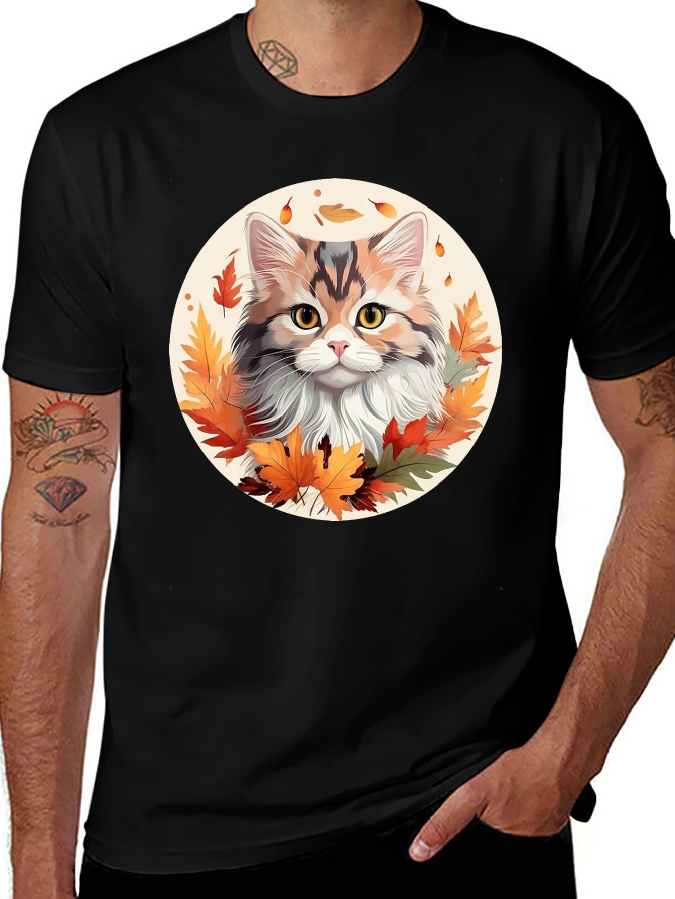Variant 12 of Autumn Cat T-Shirt - Fall Leaves Design