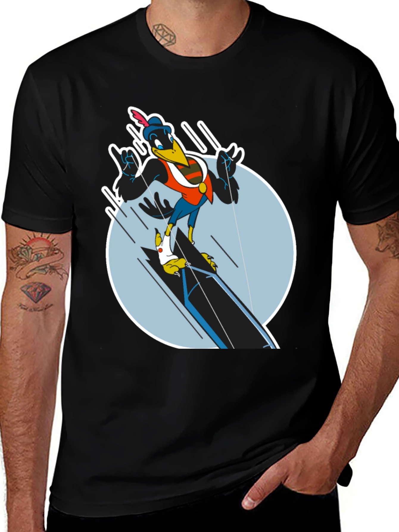Variant 22 of Cartoon Crow Graphic Tee - Black Cotton Blend