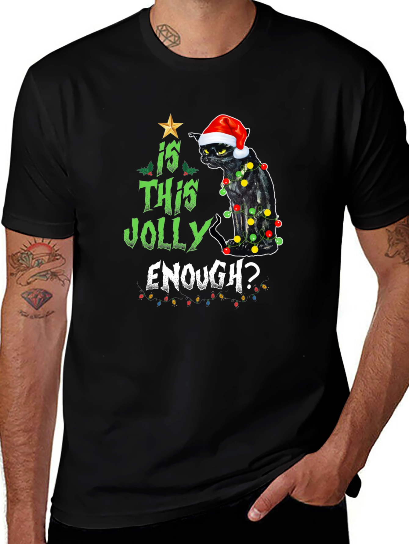 Jolly Black Cat Christmas T-Shirt