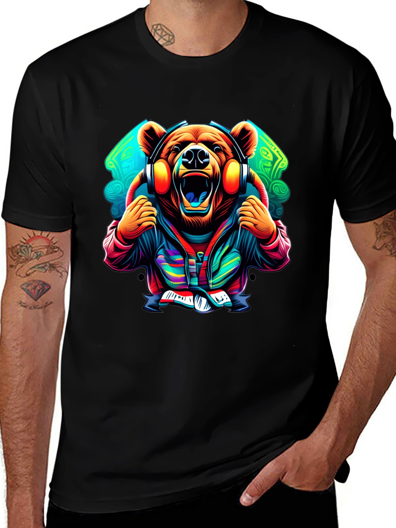 Bear DJ Graphic Tee - Black Cotton T-Shirt