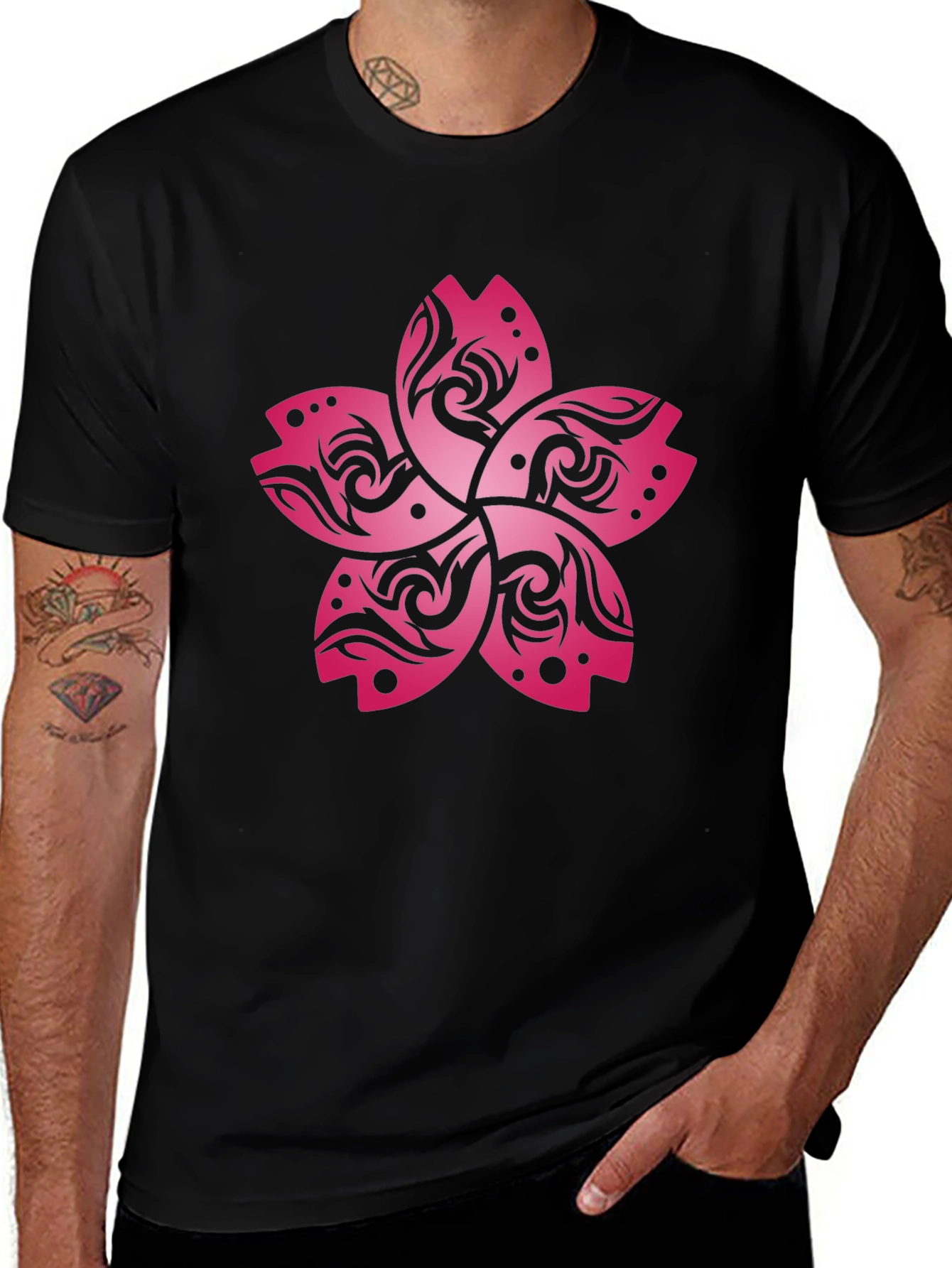 Variant 24 of Black Tee with Pink Tribal Flower Design