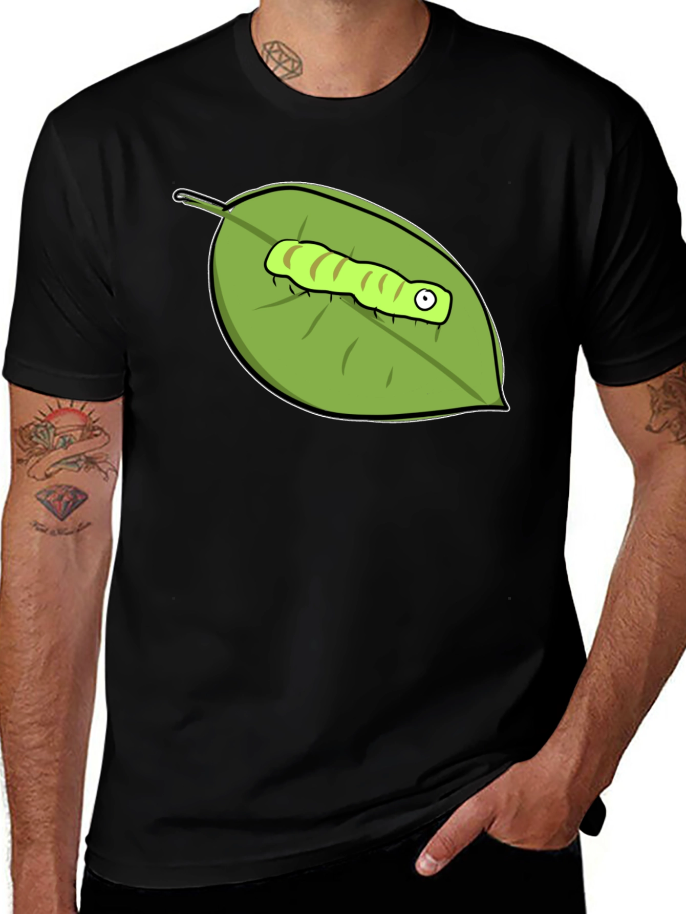 Variant 13 of Caterpillar on Leaf Graphic Tee - Black