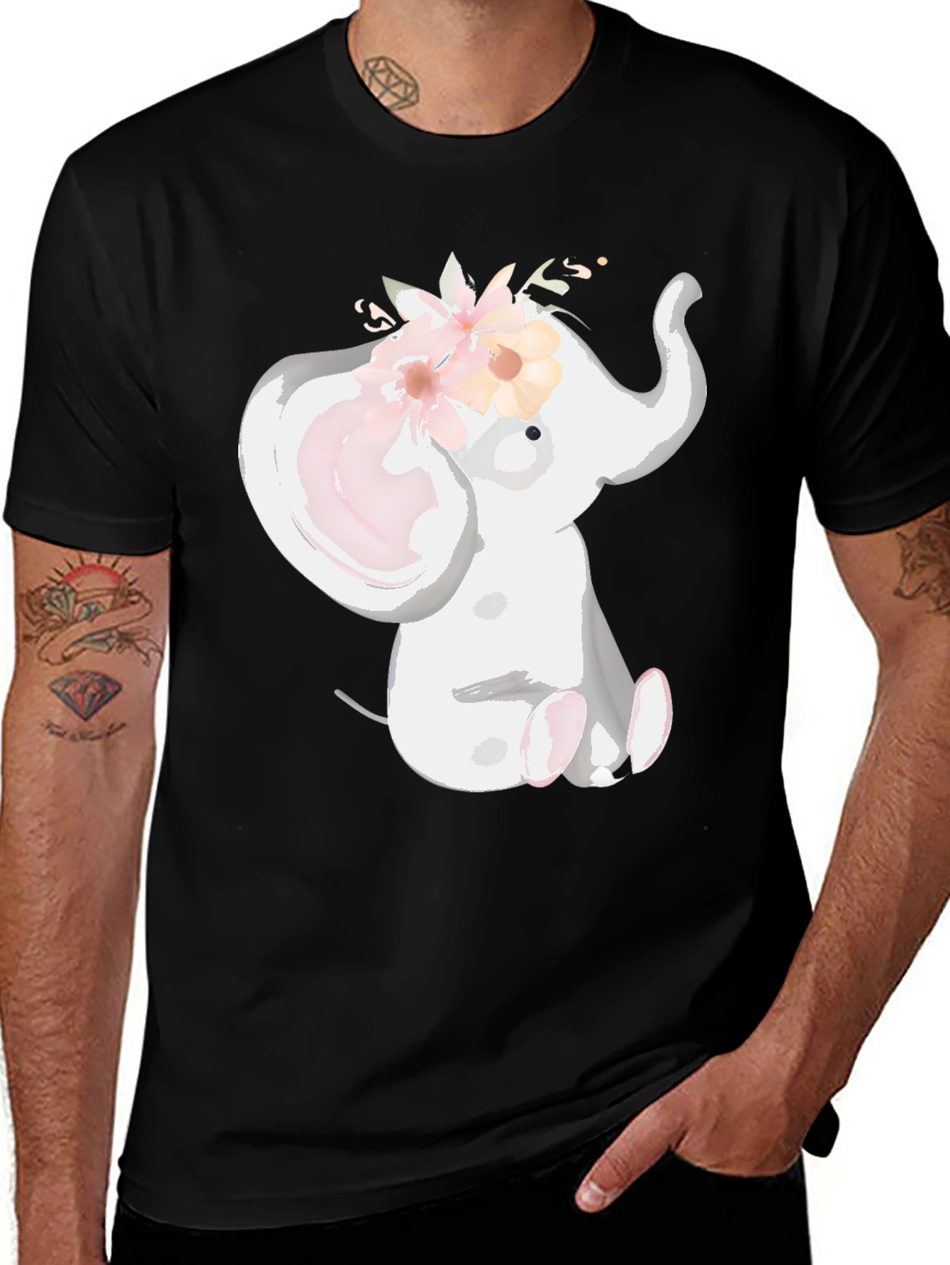 Variant 29 of Cute Elephant Floral Crown Black T-Shirt