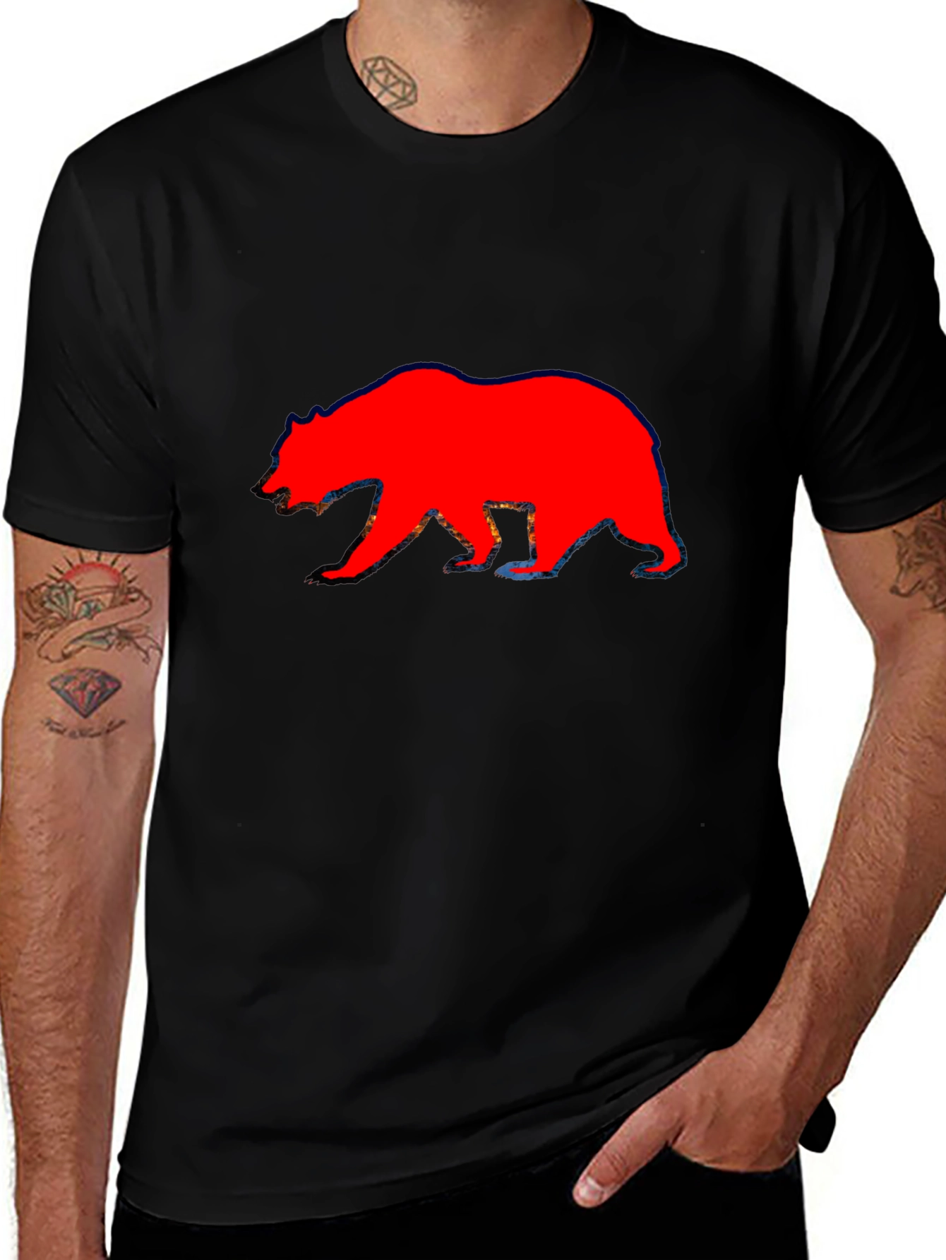 Red Bear Graphic Print Black T-Shirt