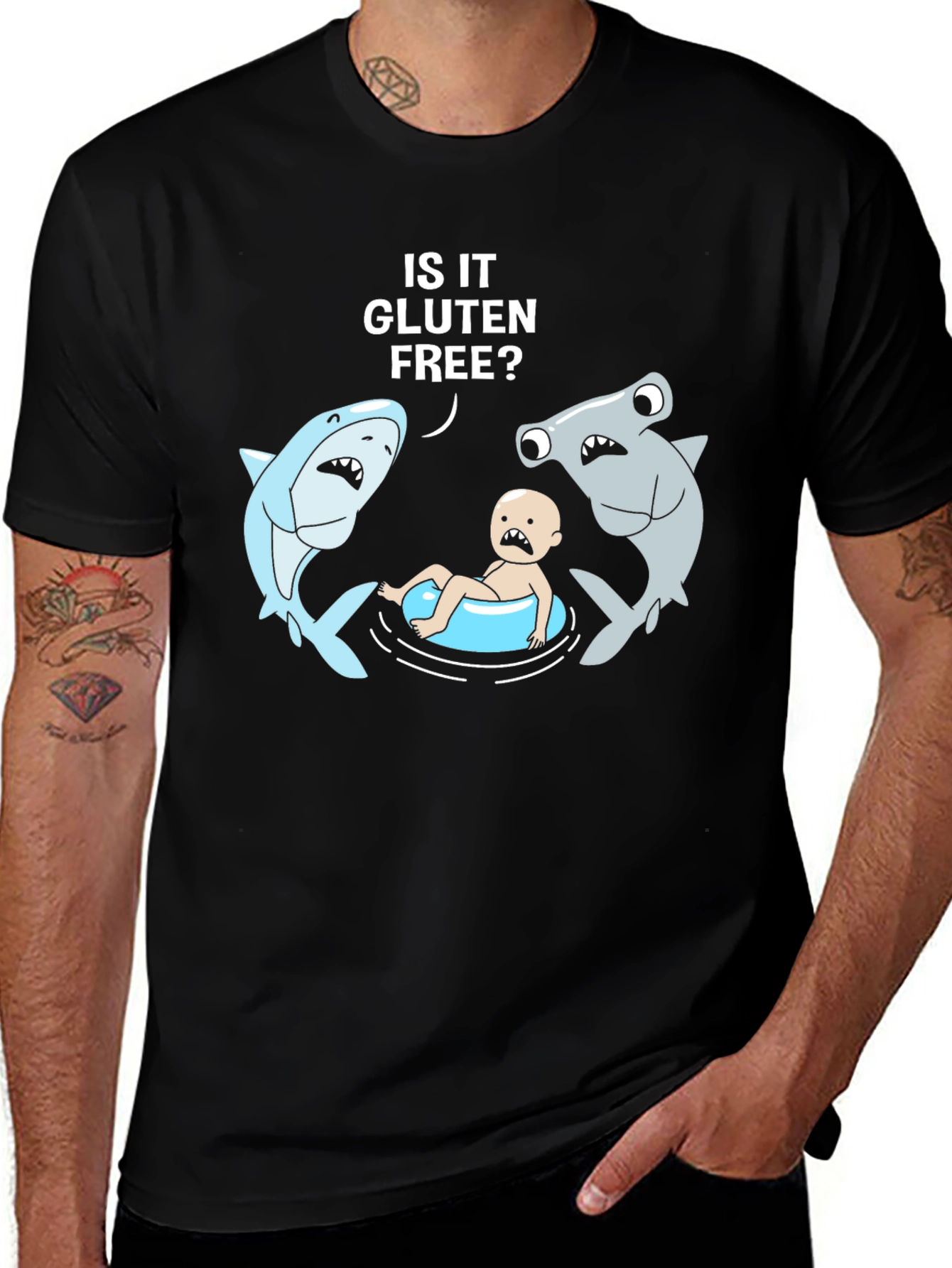 Variant 29 of Funny Gluten-Free Baby Sharks Black T-Shirt