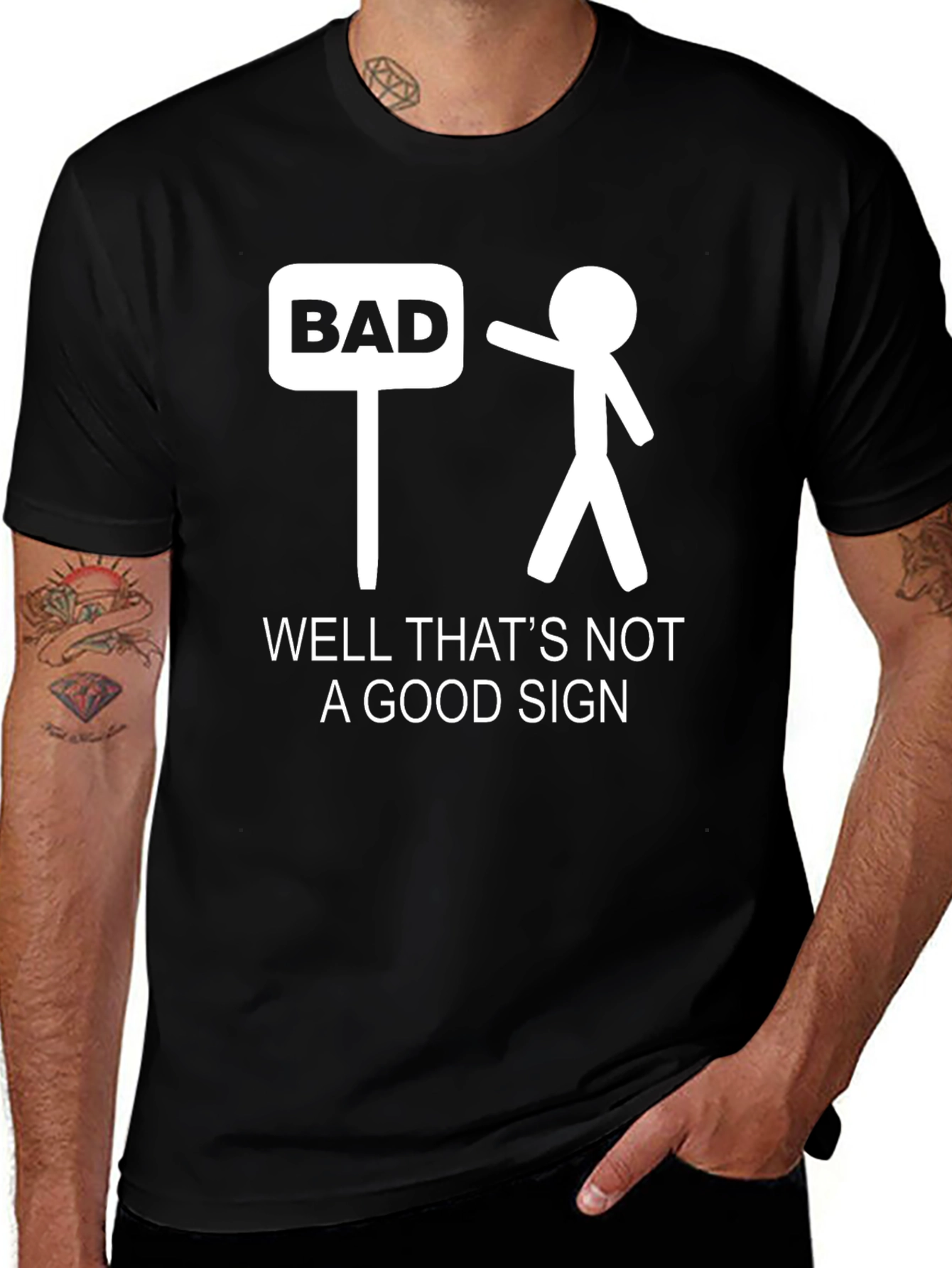 Variant 17 of Funny 'Bad Sign' Graphic T-Shirt - Mens Black Cotton Tee