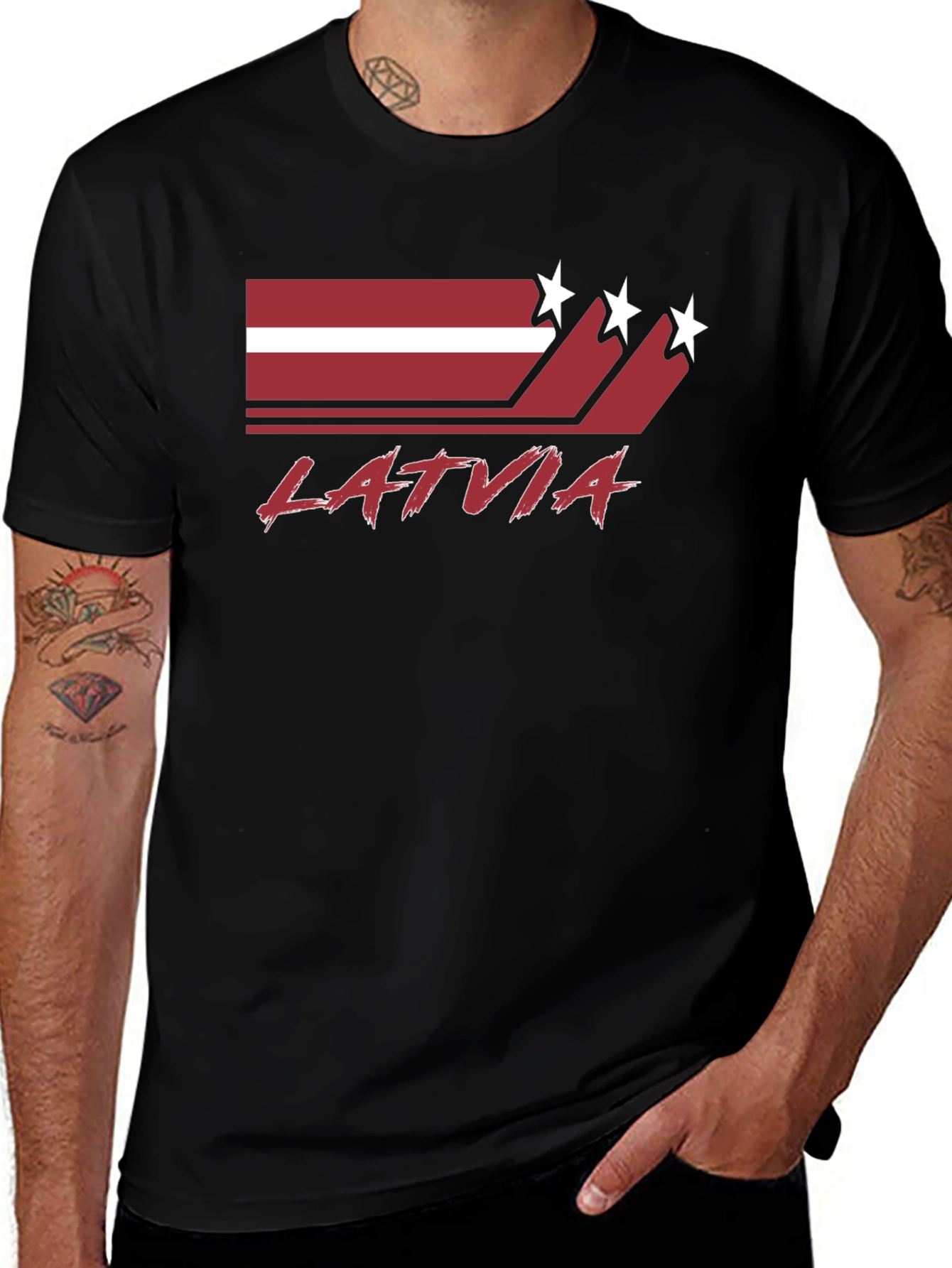 Latvia Flag Graphic Tee - Black Cotton T-Shirt