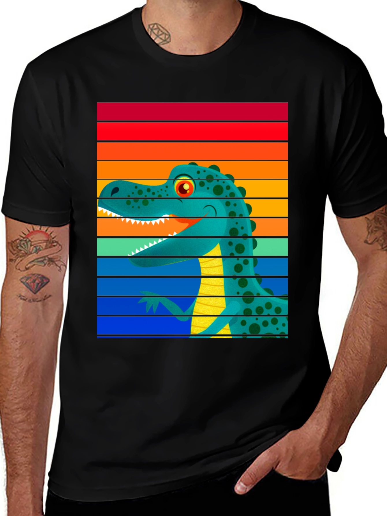 Variant 3 of Dinosaur Sunset Striped Graphic T-Shirt