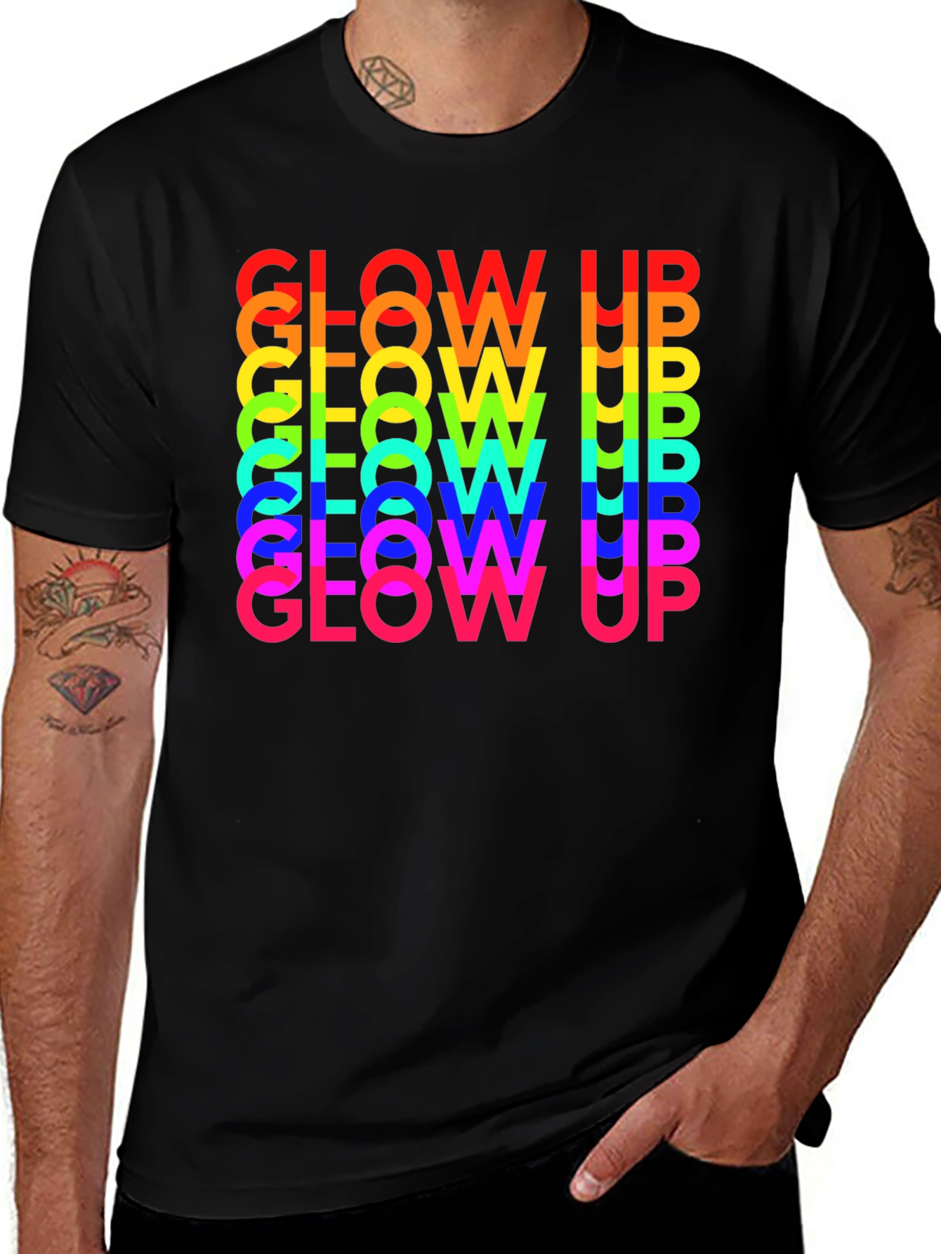 Variant 22 of Glow Up Rainbow Text Graphic Tee - Black
