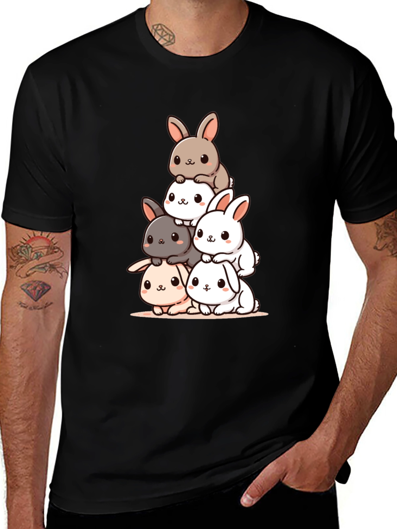 Cute Bunny Stack Graphic Tee - Black Cotton Blend