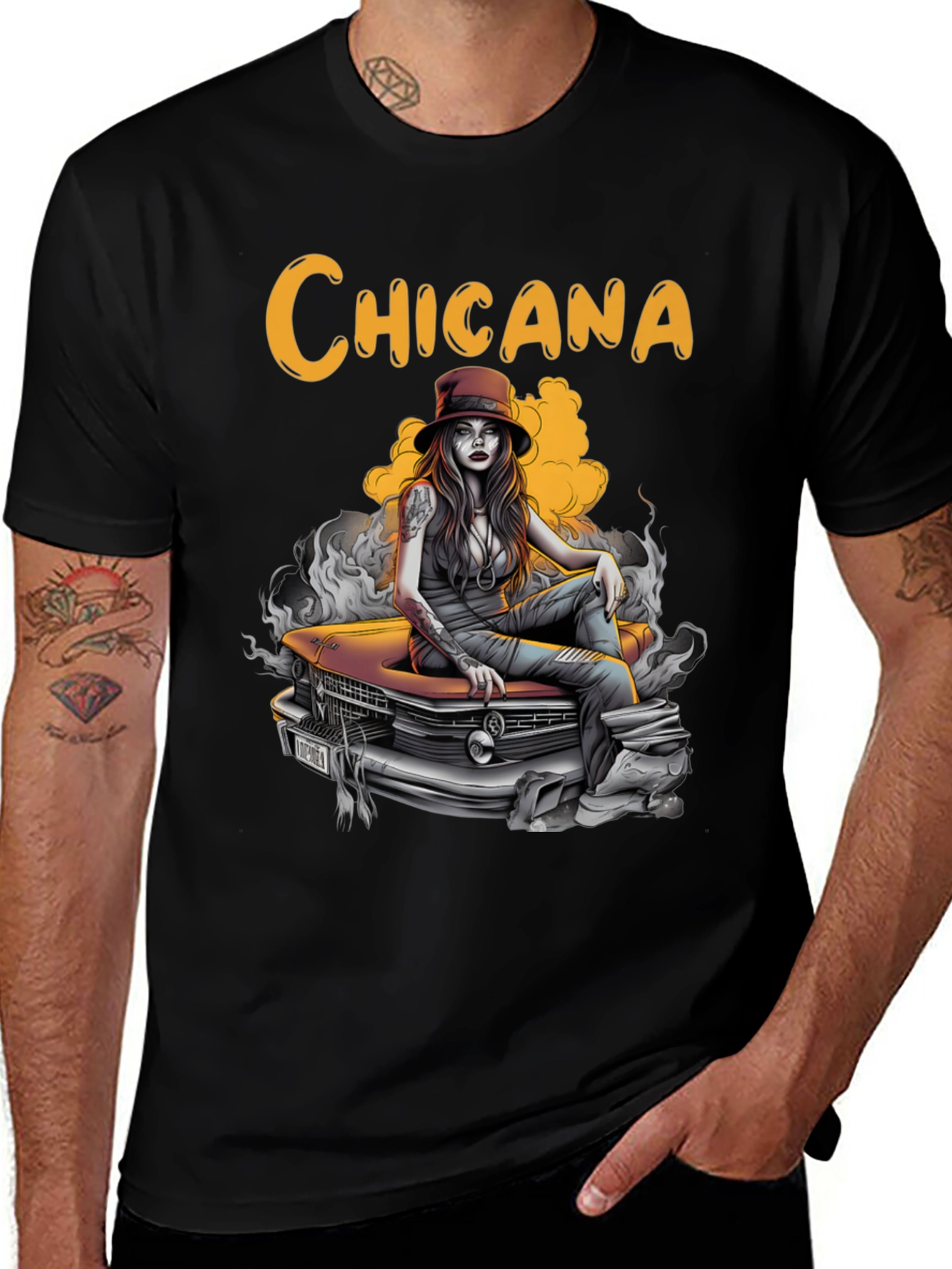 Chicana T-Shirt: Vintage Car & Gothic Woman Design