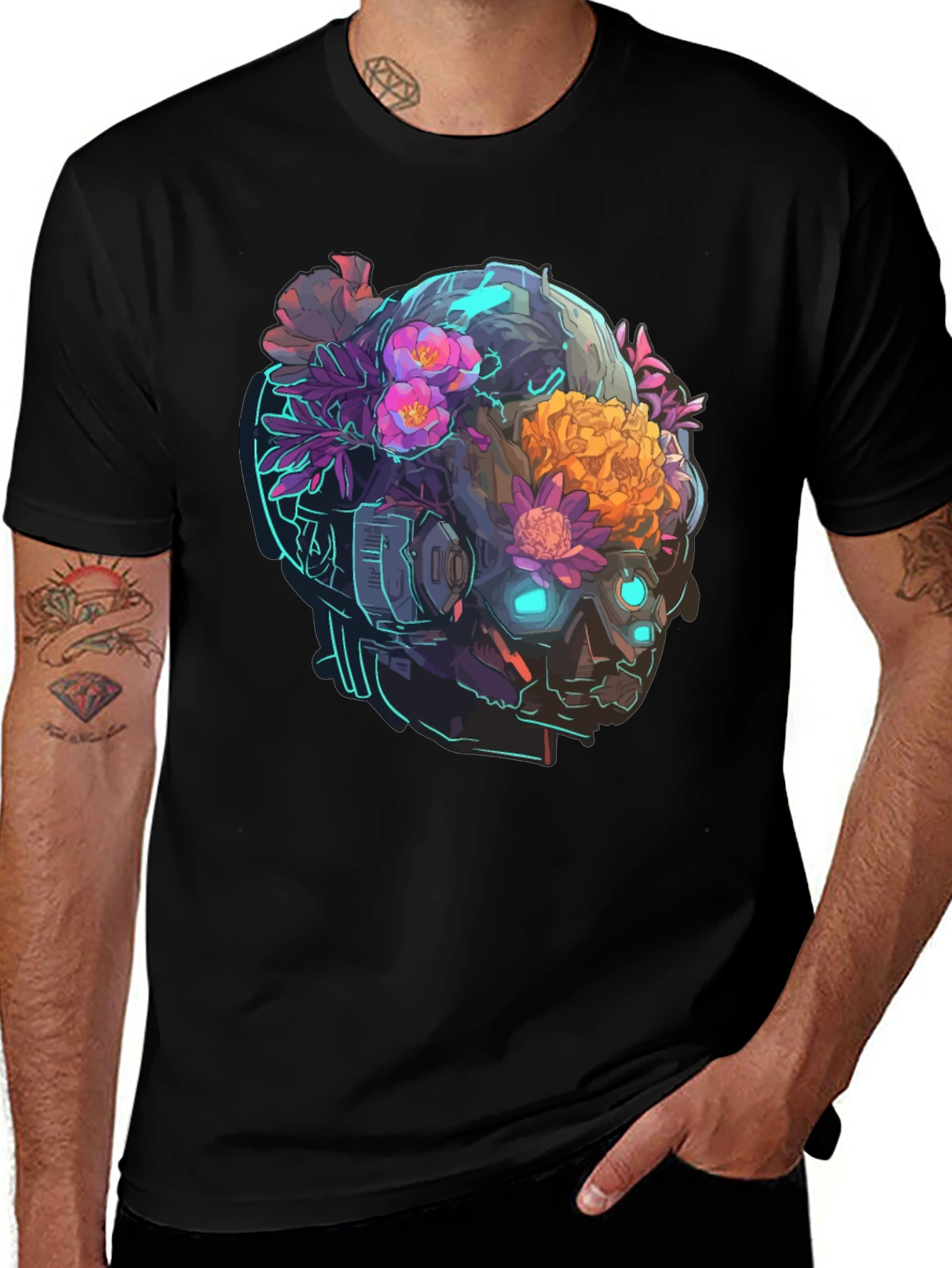 Black Floral Cyberpunk Skull T-Shirt - Unique Graphic Tee main image