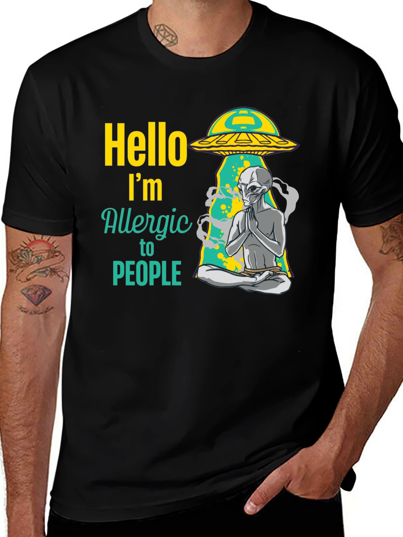 Variant 23 of Hello I'm Allergic to People Alien UFO Graphic T-Shirt