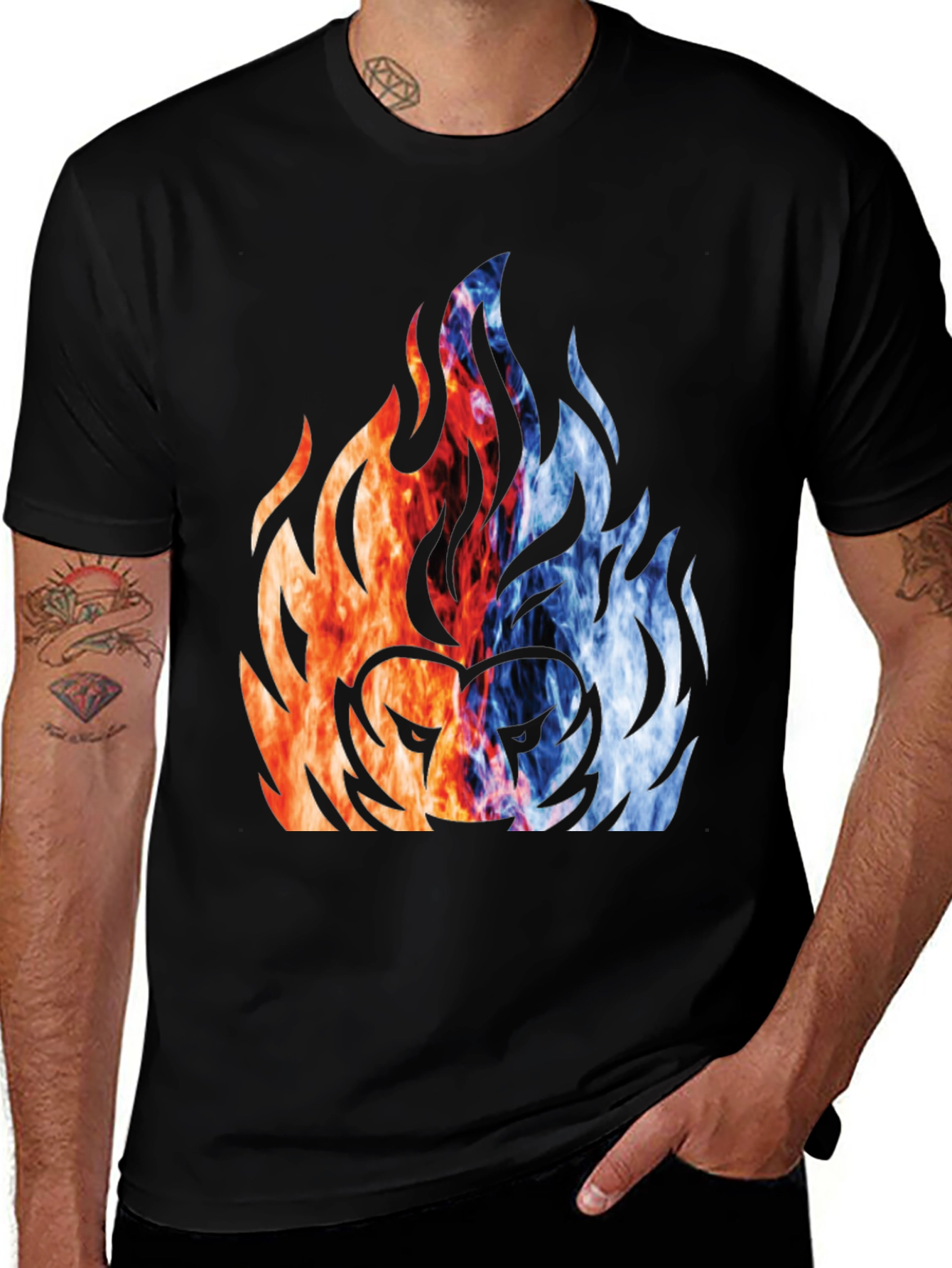 Variant 9 of Fire and Ice Lion Graphic Tee - Bold Statement Shirt
