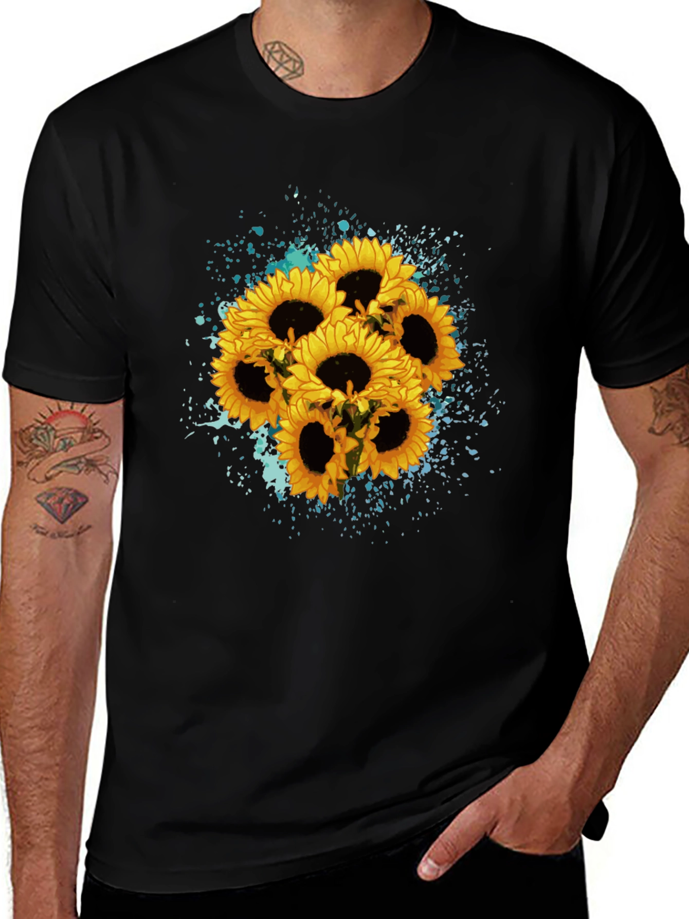 Black Sunflower Splash Black T-Shirt - Floral Graphic Tee main image