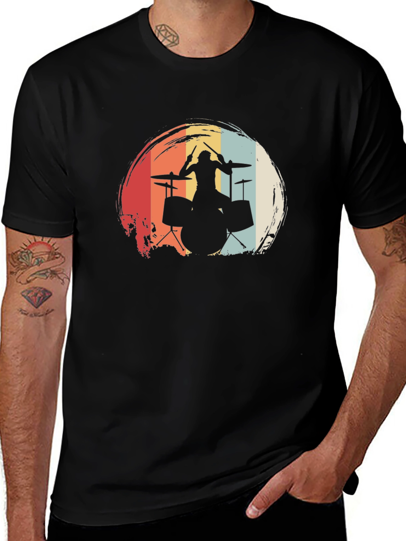 Variant 7 of Drummer Silhouette Retro Style Black T-Shirt