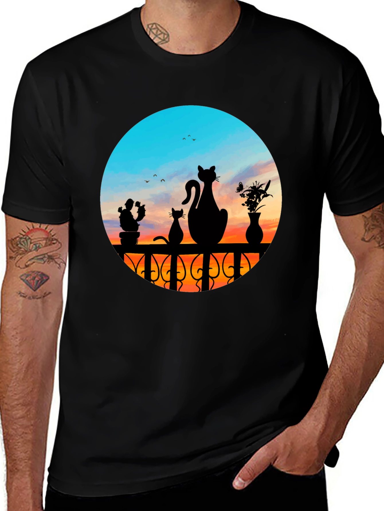 Variant 15 of Cats at Sunset Graphic Tee - Black Cotton Blend
