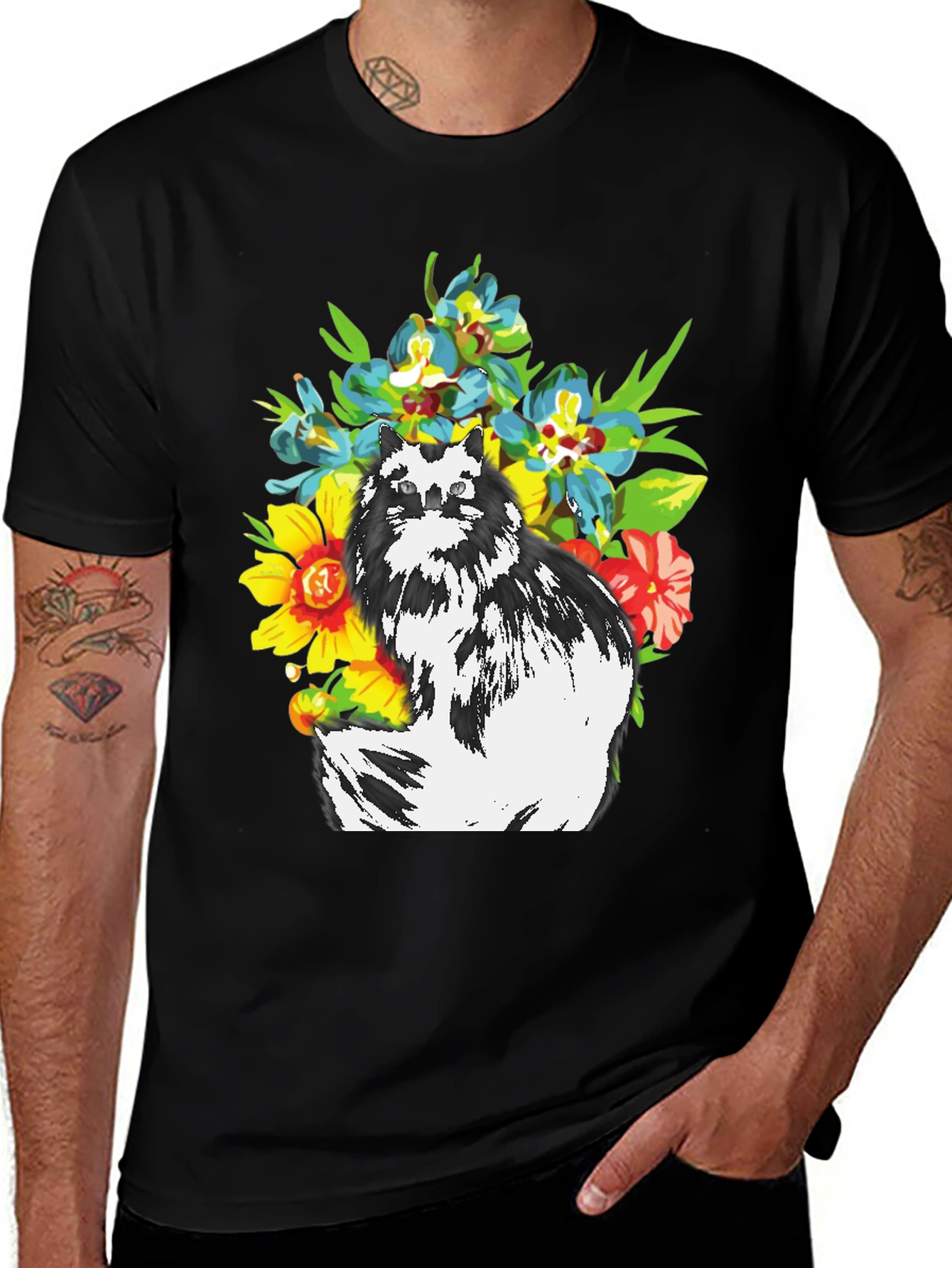 Variant 13 of Floral Cat Graphic Tee - Black T-Shirt