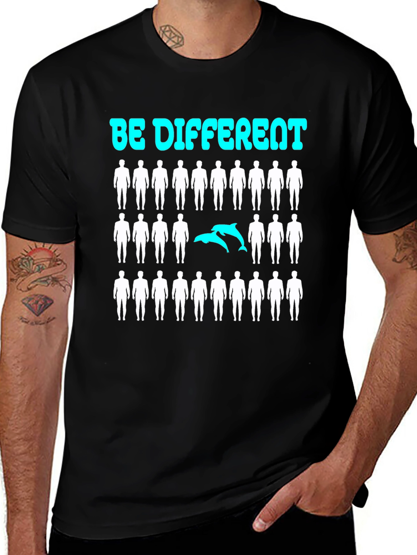 Variant 10 of Be Different Dolphin Graphic Tee - Black Cotton T-Shirt