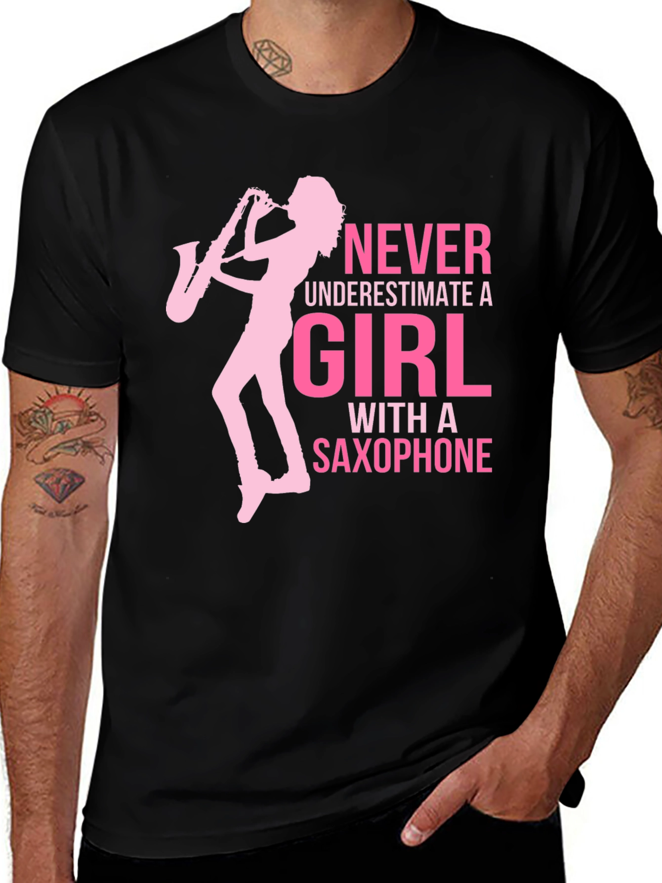 Variant 29 of Girl with Saxophone Graphic T-Shirt - Black Cotton Tee