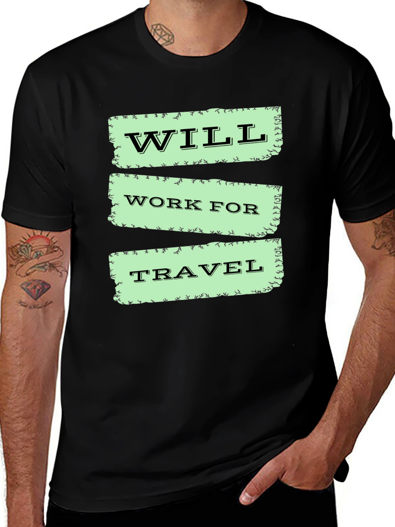Variant 25 of Will Work For Travel T-Shirt - Black Crew Neck
