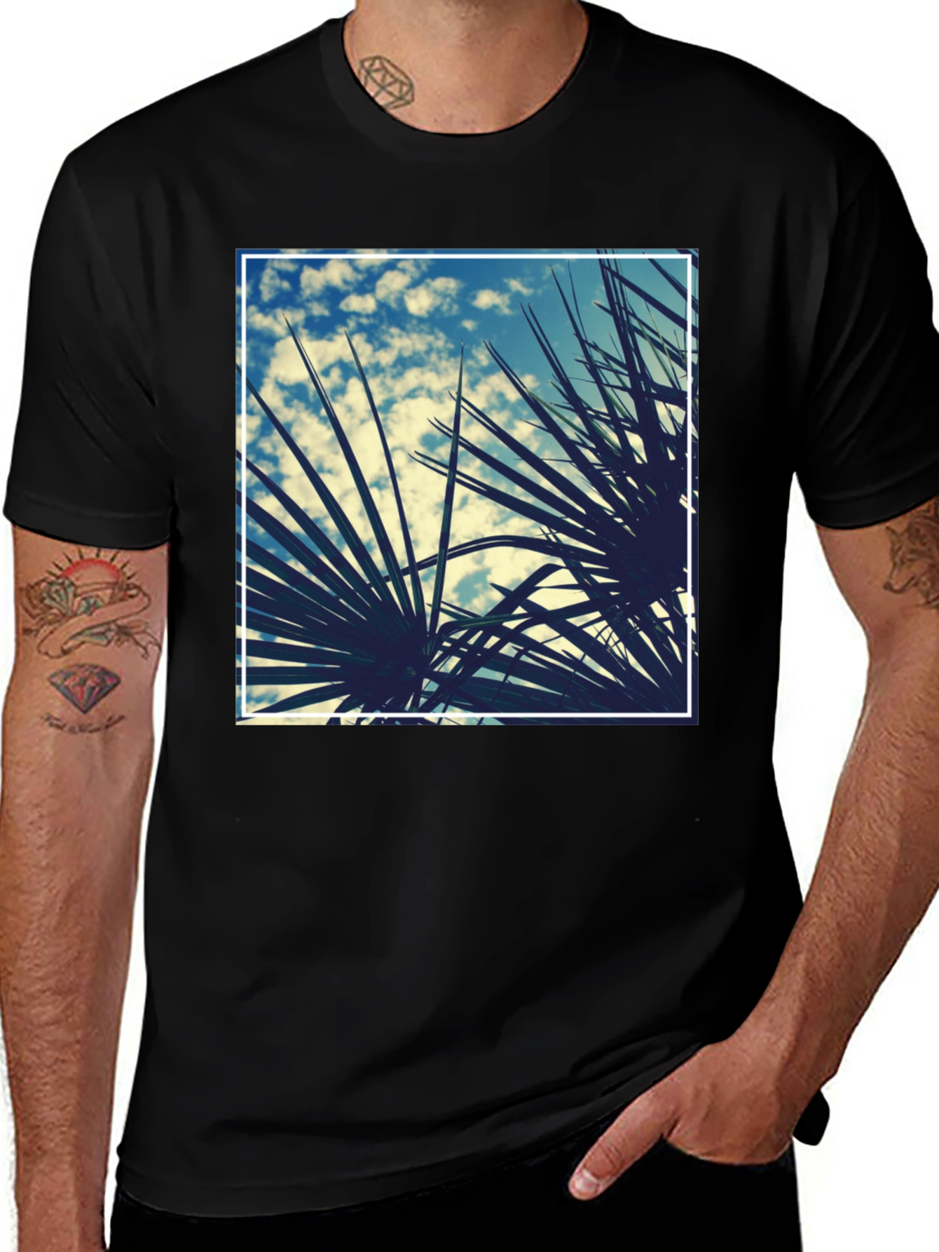 Variant 13 of Tropical Palms Graphic Tee - Black Cotton Shirt