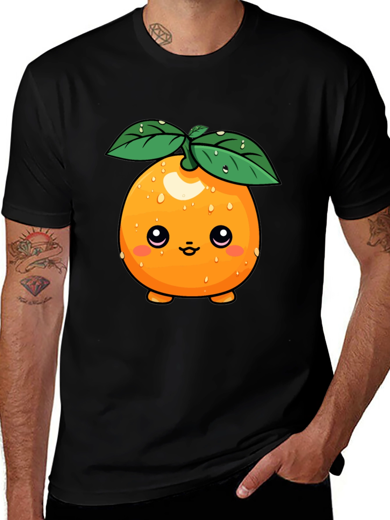 Variant 30 of Cute Orange Fruit Cartoon Graphic Black T-Shirt