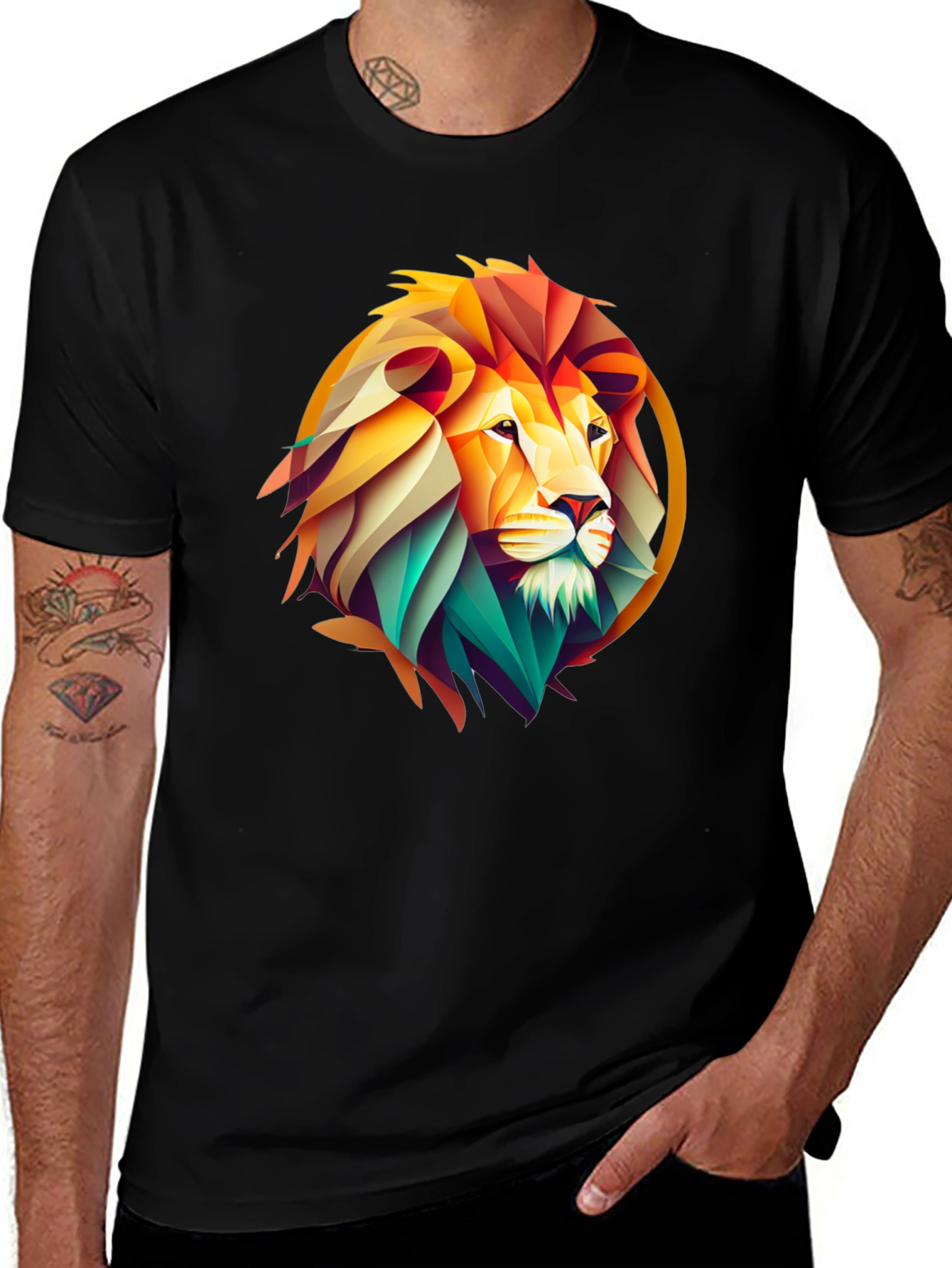 Variant 8 of Geometric Lion Graphic Print Black T-Shirt