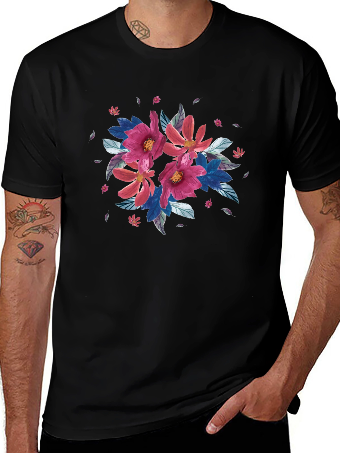 Variant 6 of Floral Print Black T-Shirt - Casual Style