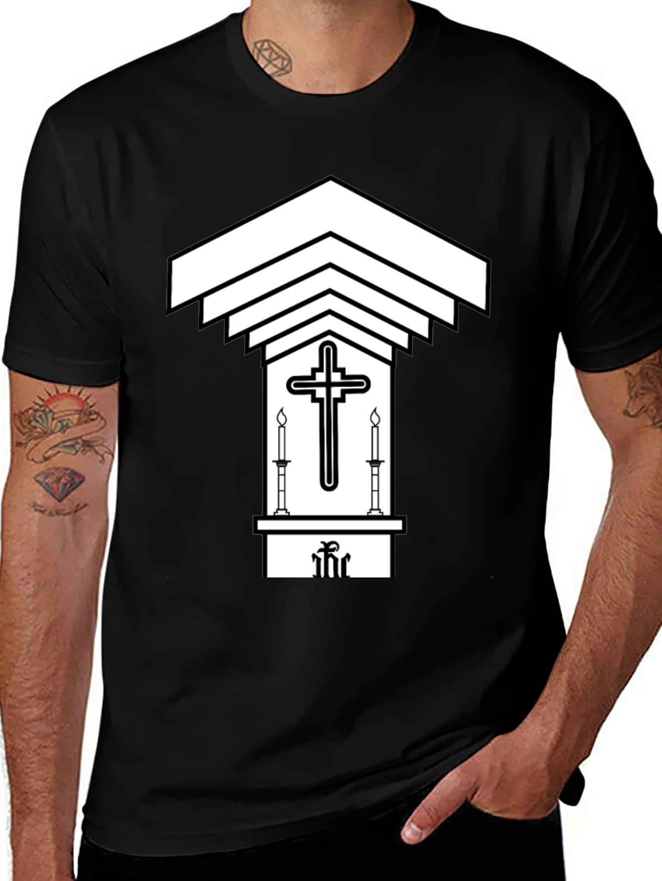 Variant 12 of Black T-Shirt with Religious Altar Graphic