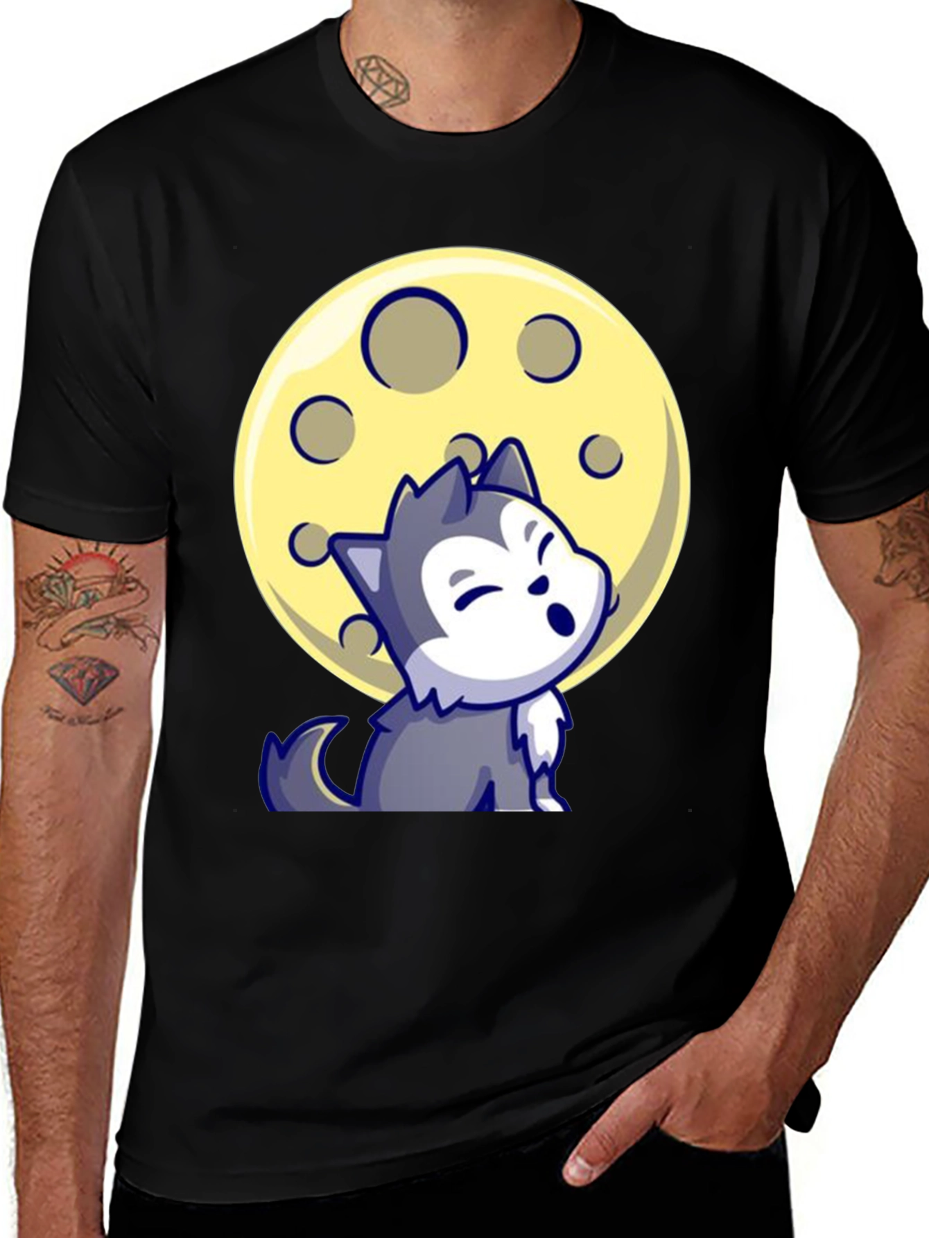 Variant 26 of Cartoon Wolf Moon Graphic Tee - Black T-Shirt