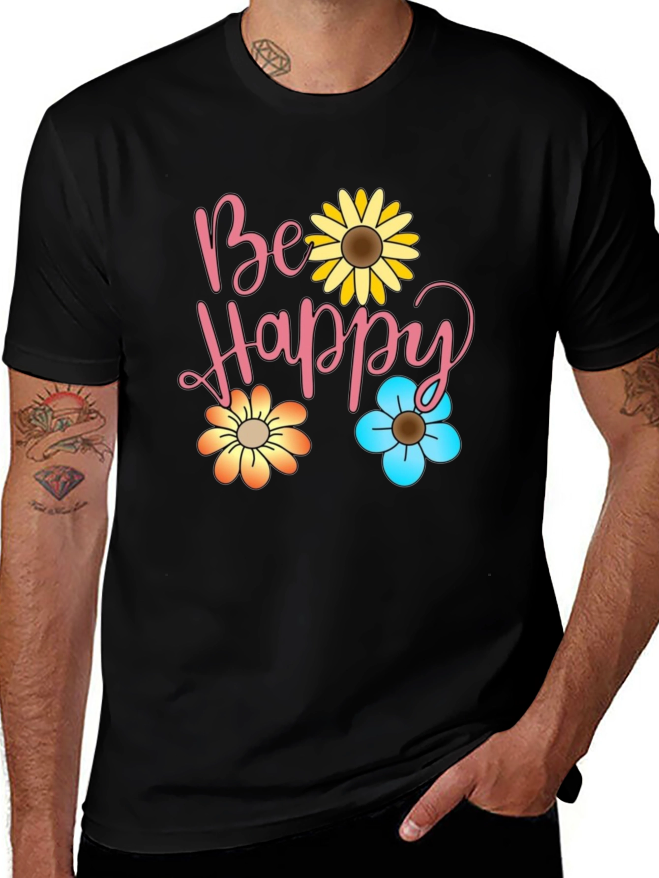 Variant 15 of Be Happy Floral Print Black T-Shirt