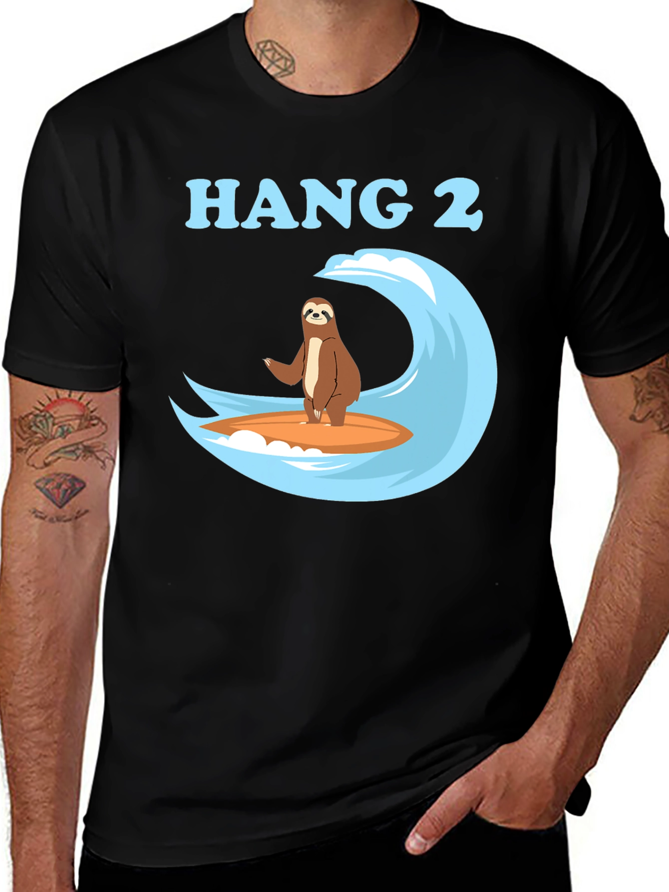Variant 15 of Hang 2 Sloth Surfing Graphic Tee - Black Cotton T-Shirt