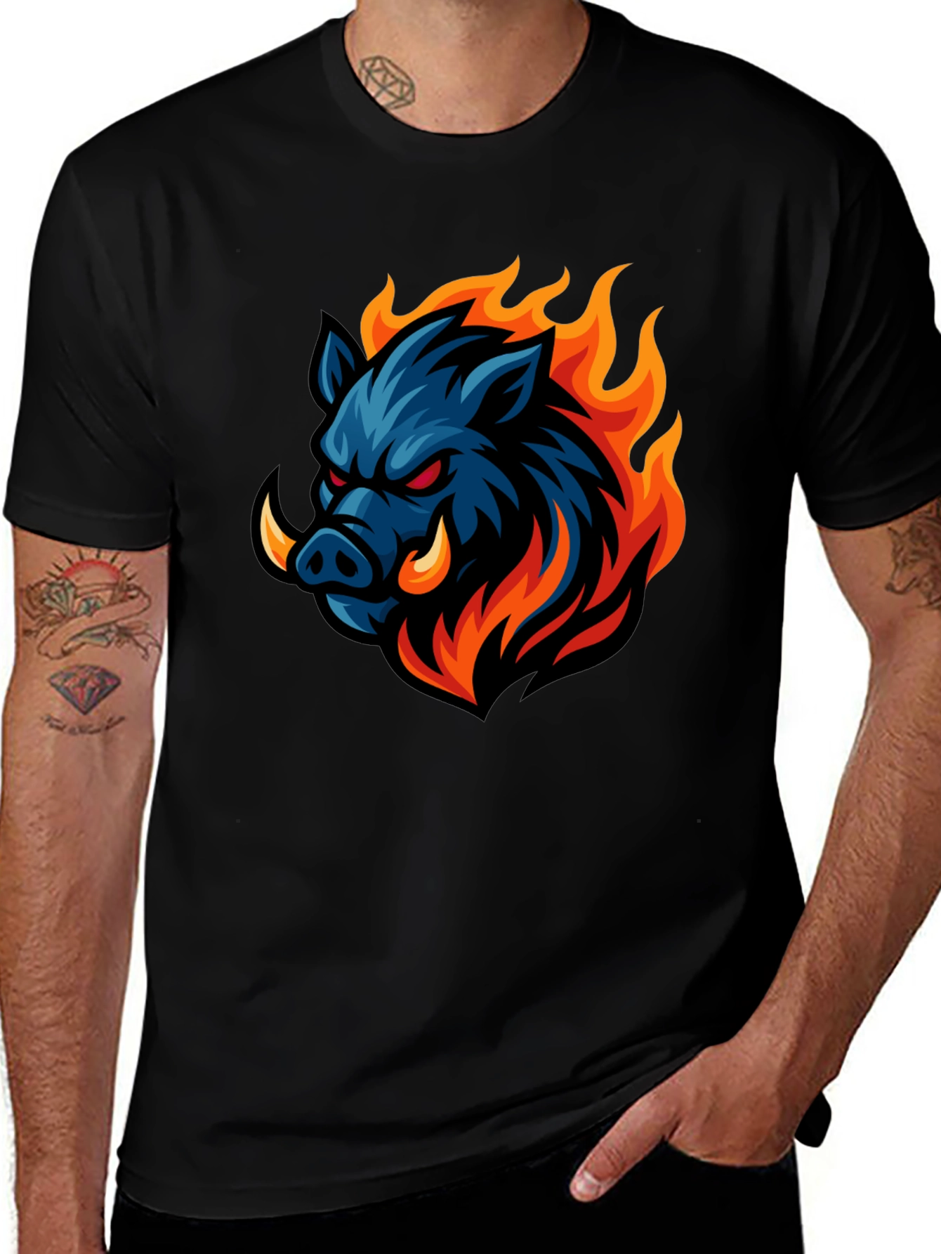 Variant 20 of Flaming Boar Graphic Tee - Black Cotton Comfort
