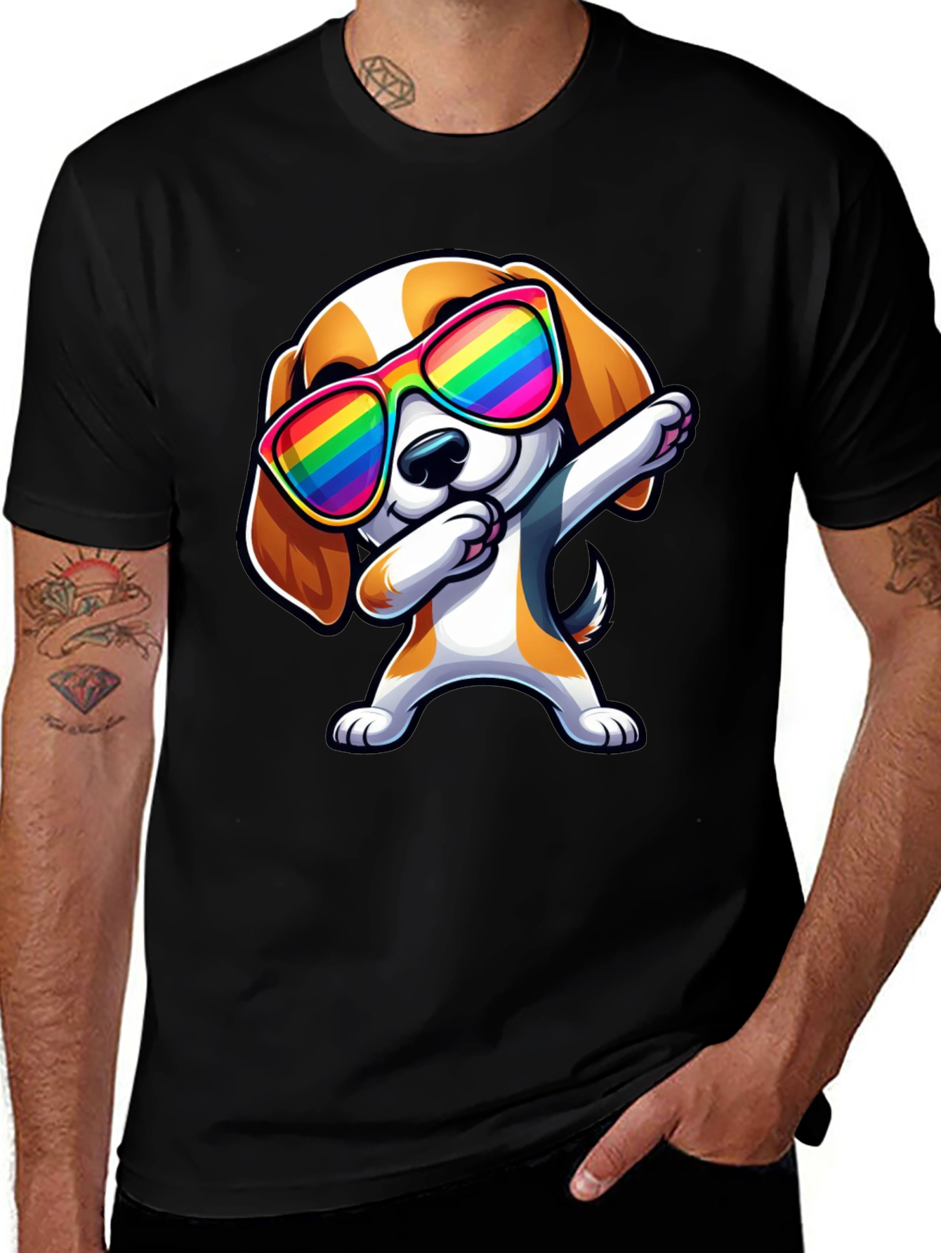 Variant 13 of Dog Dabbing in Rainbow Glasses Black T-Shirt