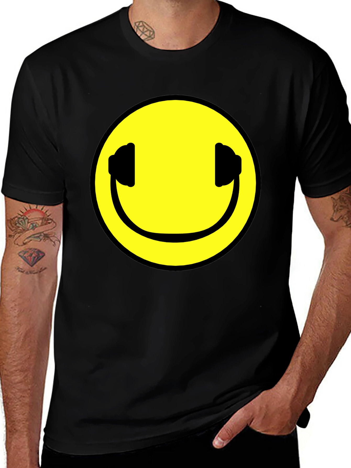 Smiley Face Headphones Black T-Shirt