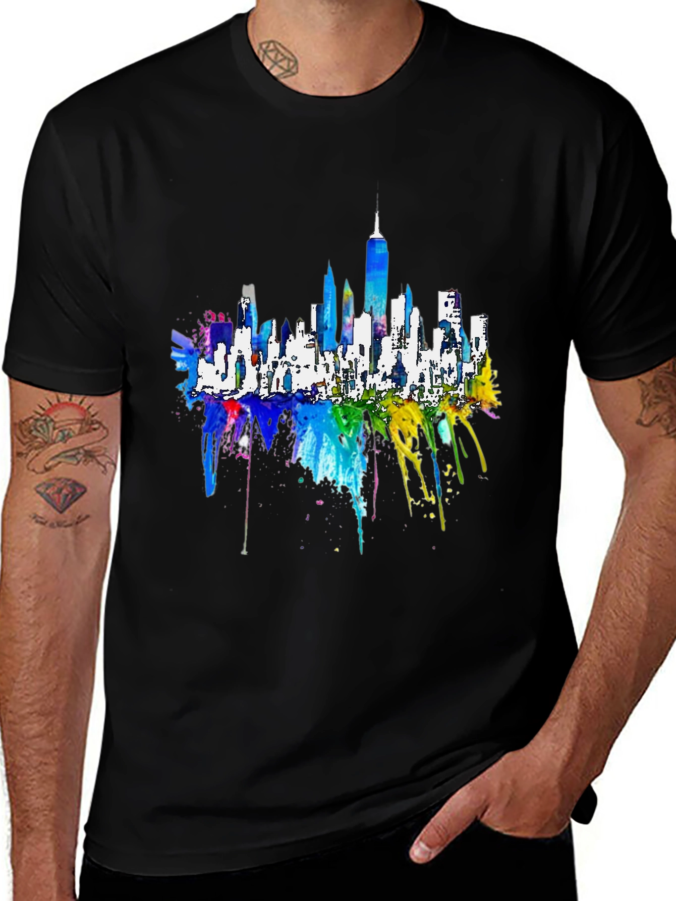 Variant 24 of Colorful Cityscape Graphic Tee - Black