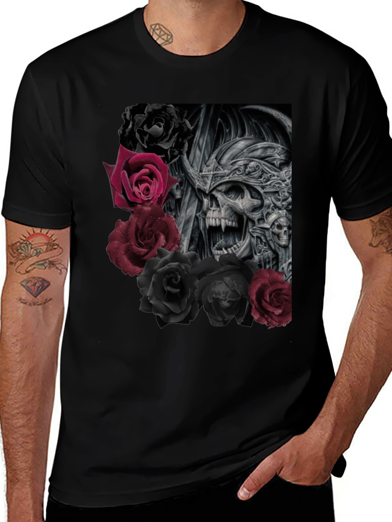 Variant 5 of Skull and Roses Graphic Black T-Shirt