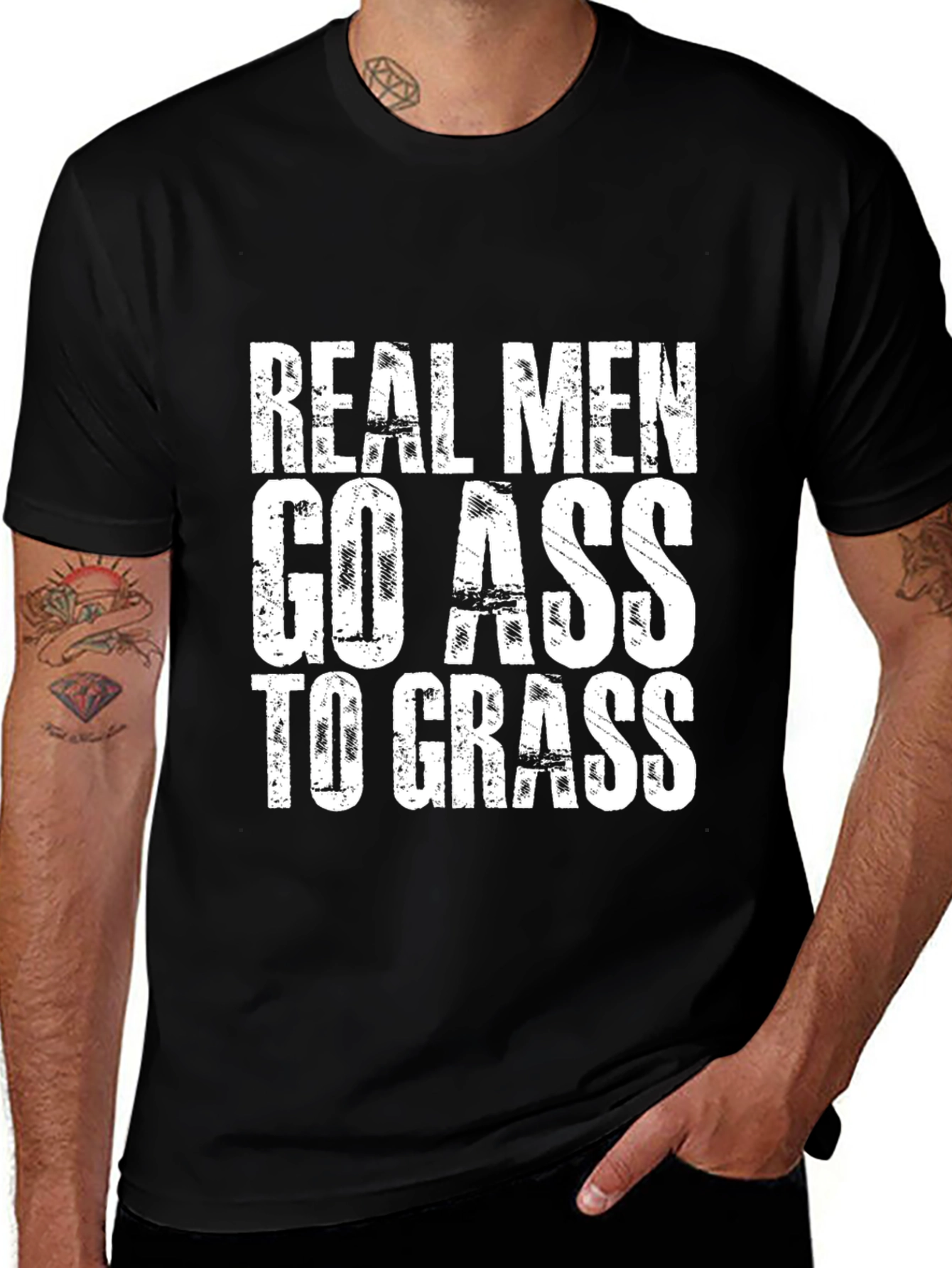 Variant 9 of Real Men Go Ass to Grass Graphic Tee - Black Cotton T-Shirt