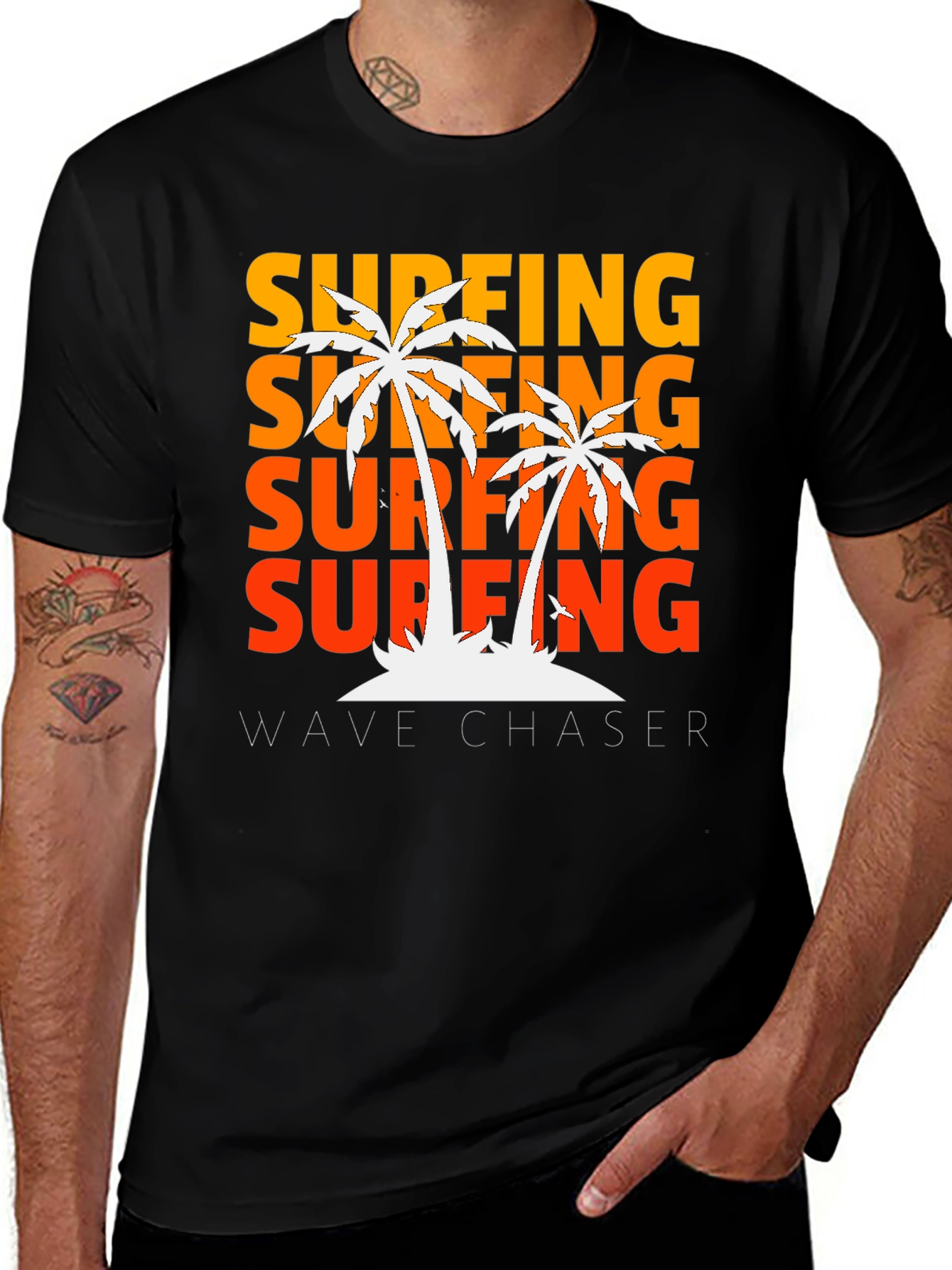 Variant 5 of Surfing Wave Chaser Black T-Shirt with Palm Tree Design