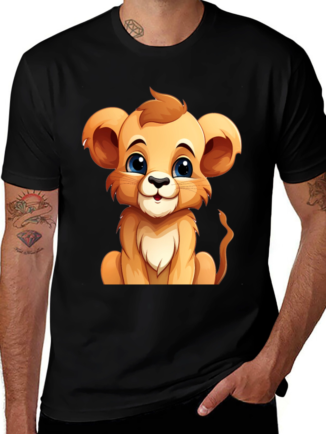 Variant 10 of Cute Lion Cub Graphic Tee - Black Cotton T-Shirt