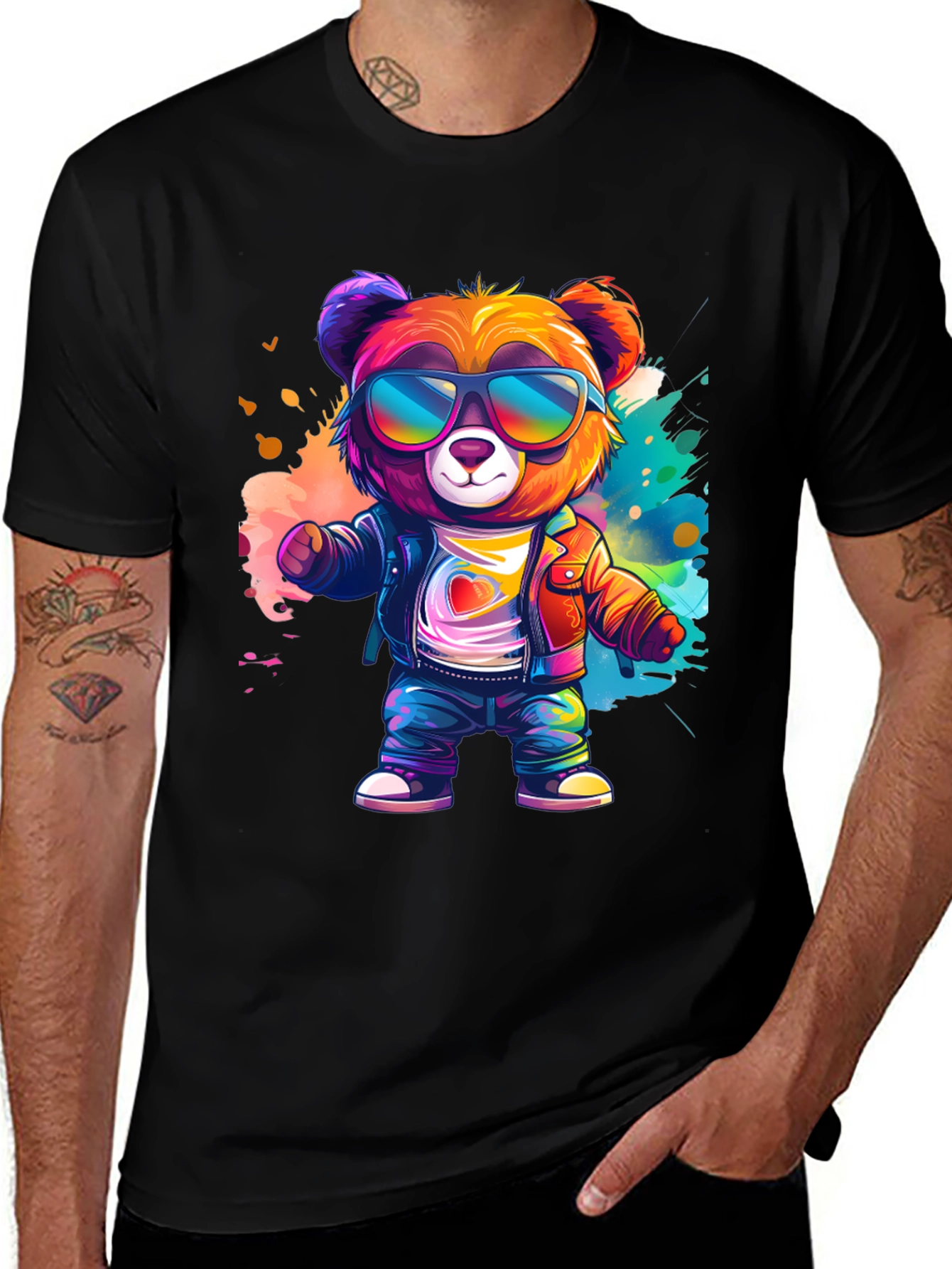 Variant 29 of Cool Bear T-Shirt: Rainbow Sunglasses & Leather Jacket