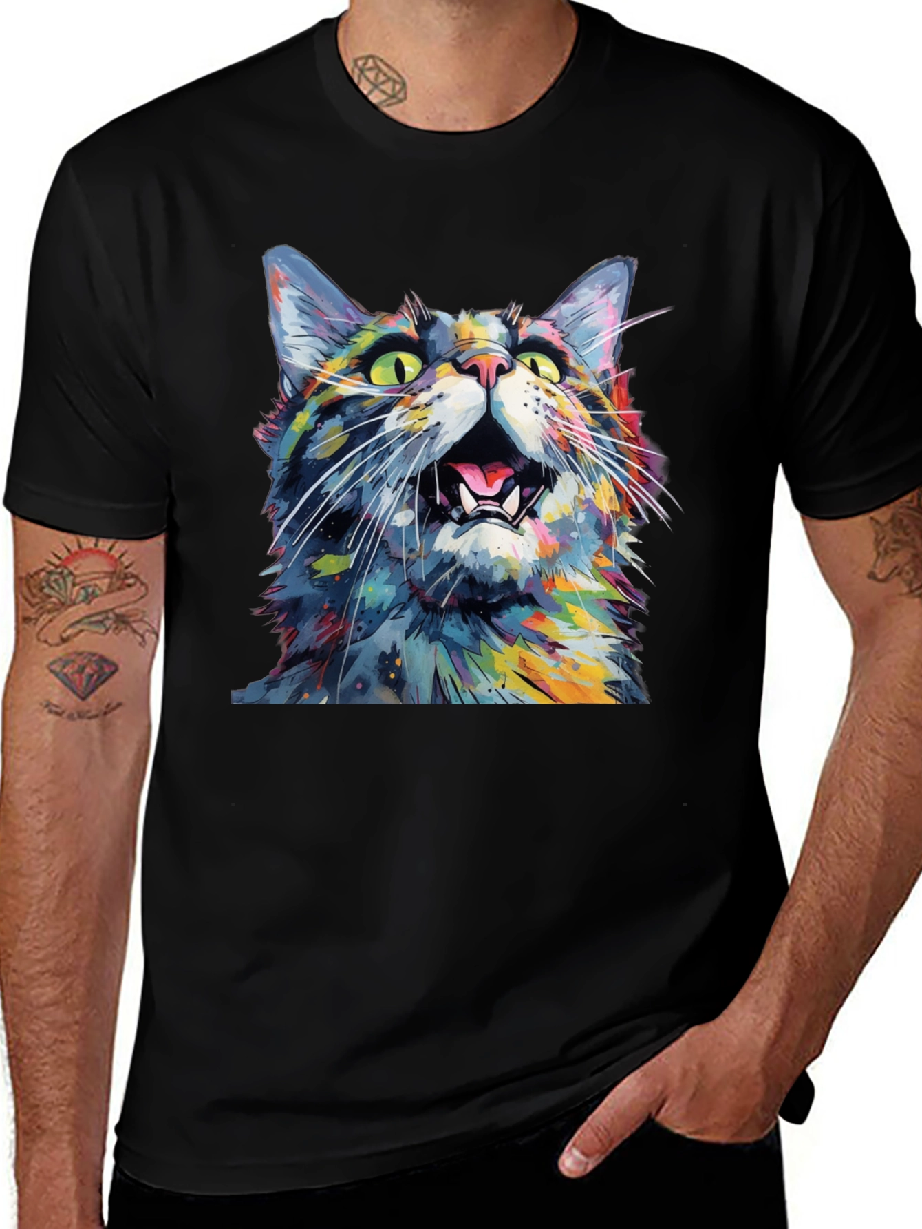 Variant 24 of Colorful Cat Graphic Print Crew Neck T-Shirt