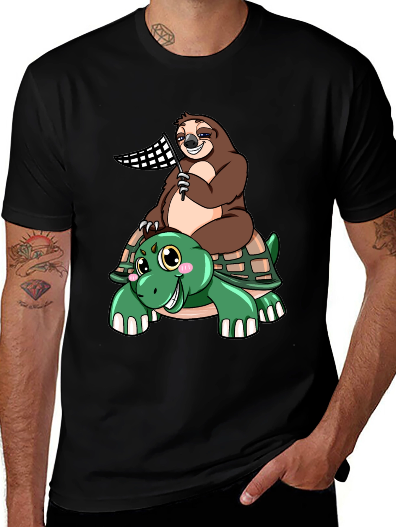 Variant 24 of Sloth Riding Turtle T-Shirt - Slow & Steady Wins!