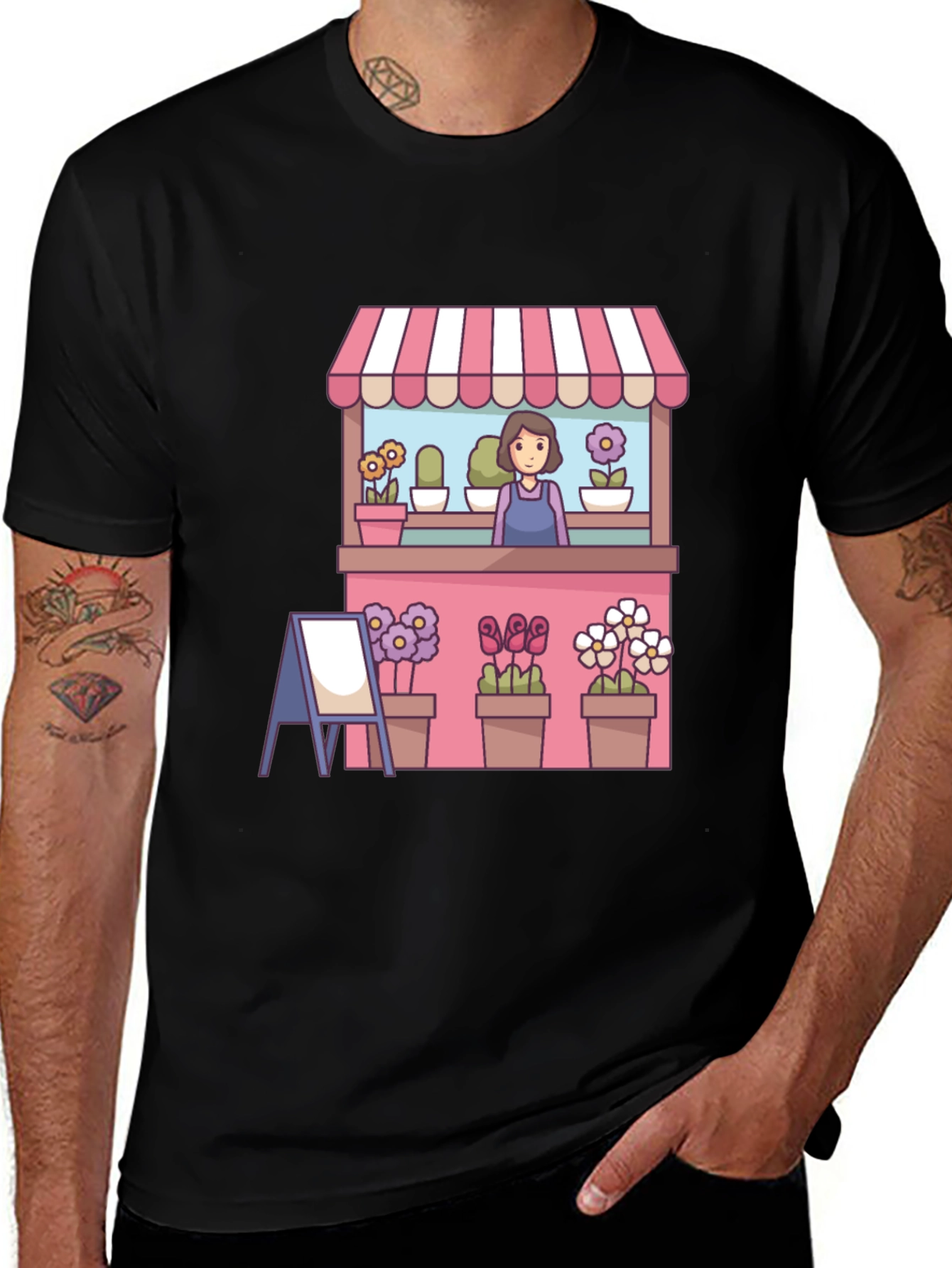 Variant 13 of Florist Cartoon Graphic Tee - Black Casual T-Shirt