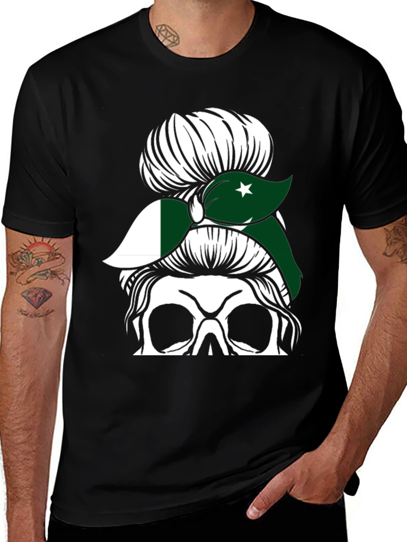 Pakistan Flag Messy Bun Skull T-Shirt